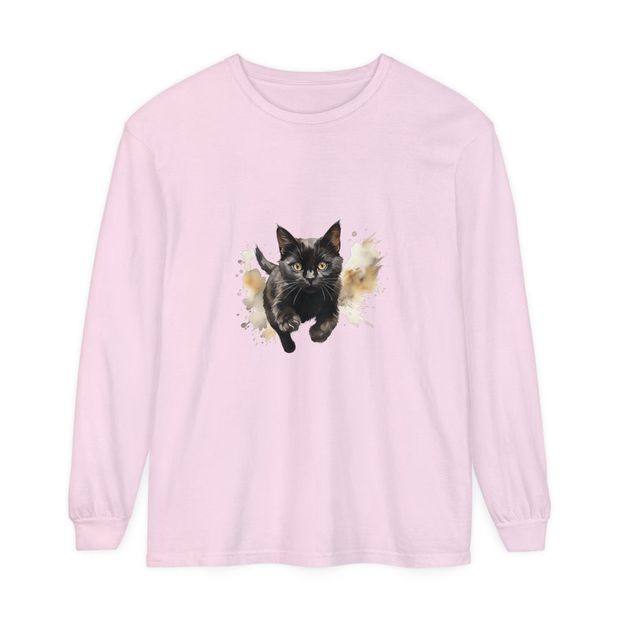 Black Cat Watercolor Sprint Unisex T-Shirt featuring a vibrant watercolor design of a black cat sprinting across the front on a comfortable, unisex t-shirt