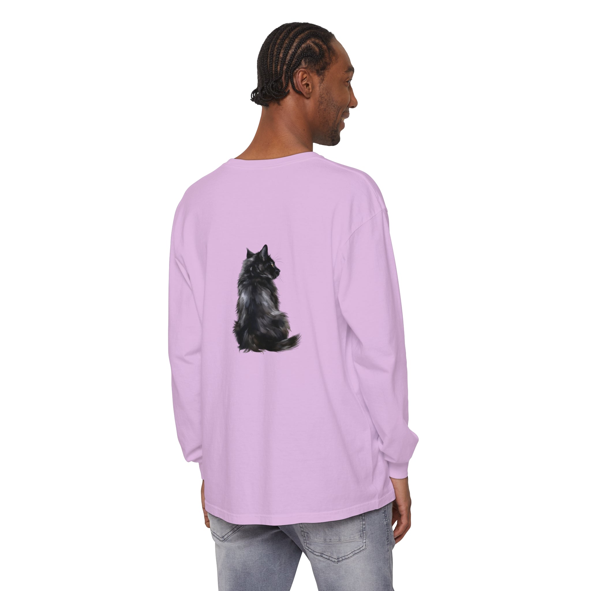Black Cat Mystique Long Sleeve T-Shirt with intricate cat design and comfortable cotton fabric