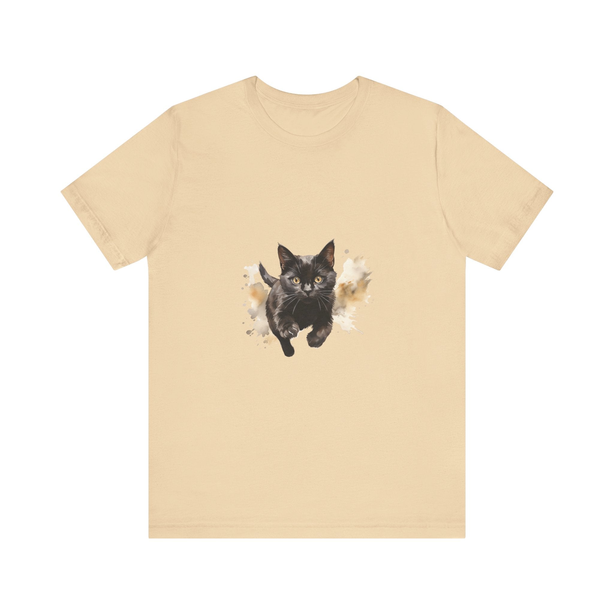 Black Cat Watercolor Sprint T-Shirt: A colorful watercolor design of a black cat sprinting on a soft, comfortable black t-shirt