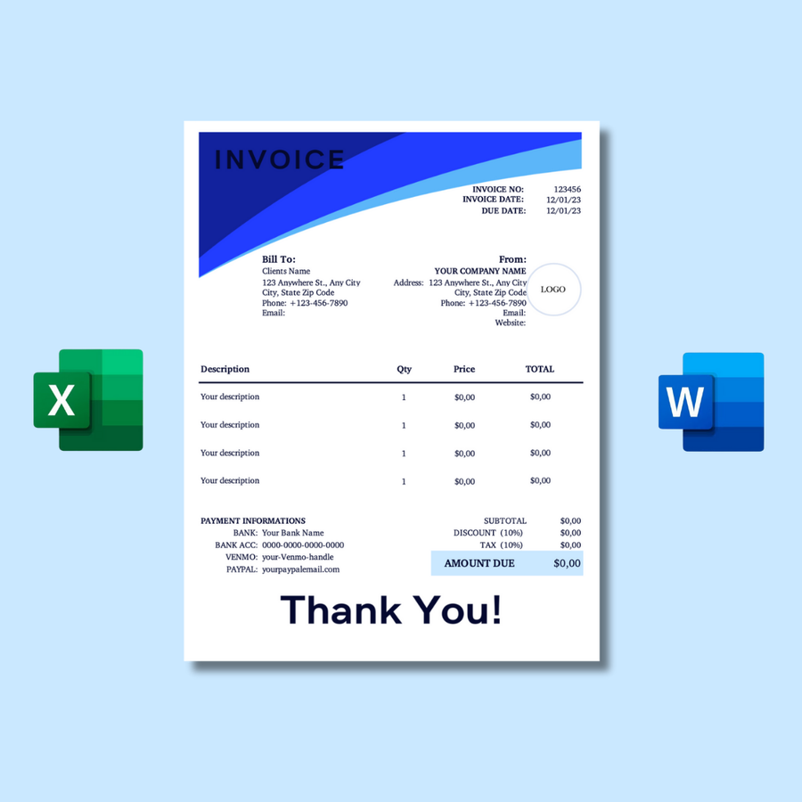 Modello di fattura modificabile blu in formato Excel e Word