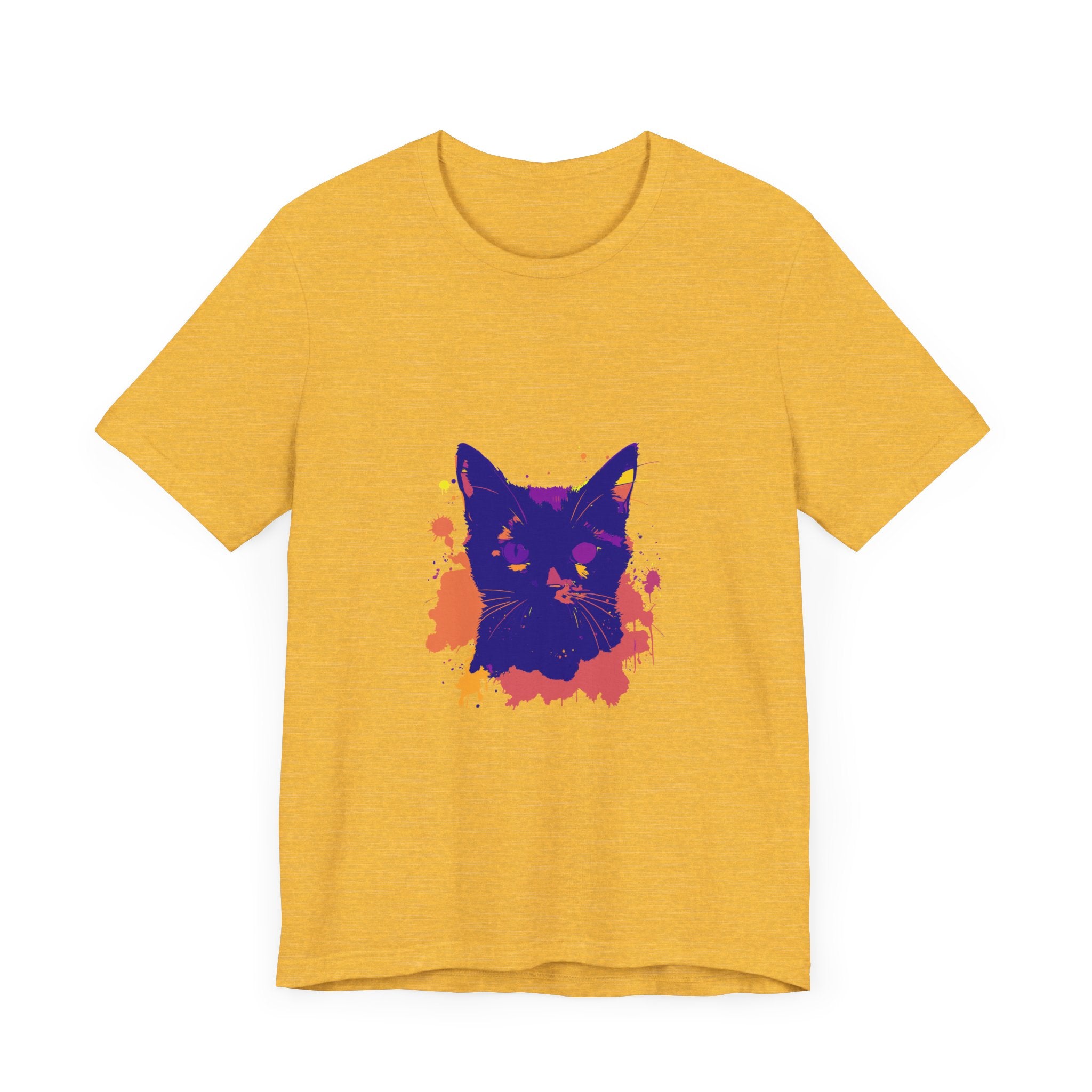A fashionable black cat mystery t-shirt with a colorful and unique splatter pattern
