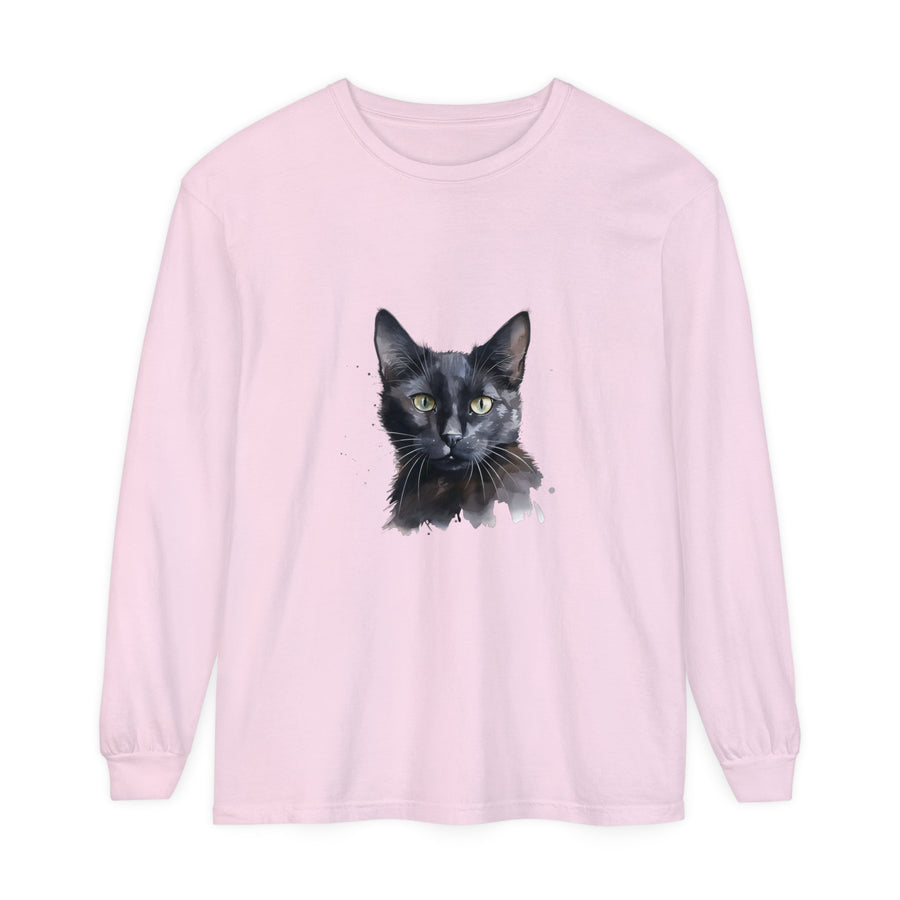 Black Cat Watercolor Mystical Long Sleeve T-Shirt featuring a beautiful, vibrant watercolor design of a mystical black cat on a high-quality long sleeve tee