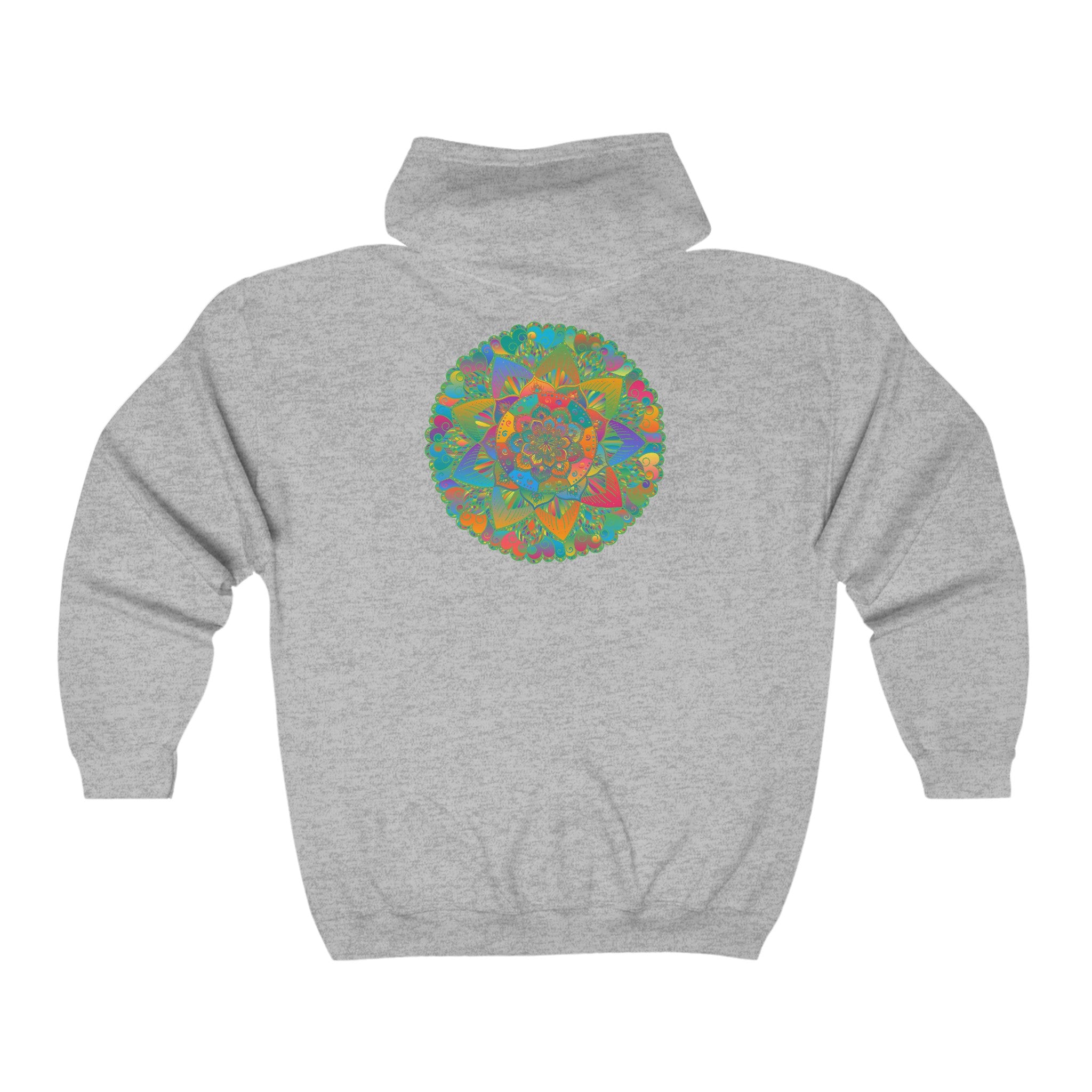 Hoodie showcasing a colorful mandala design symbolizing peace and tranquility