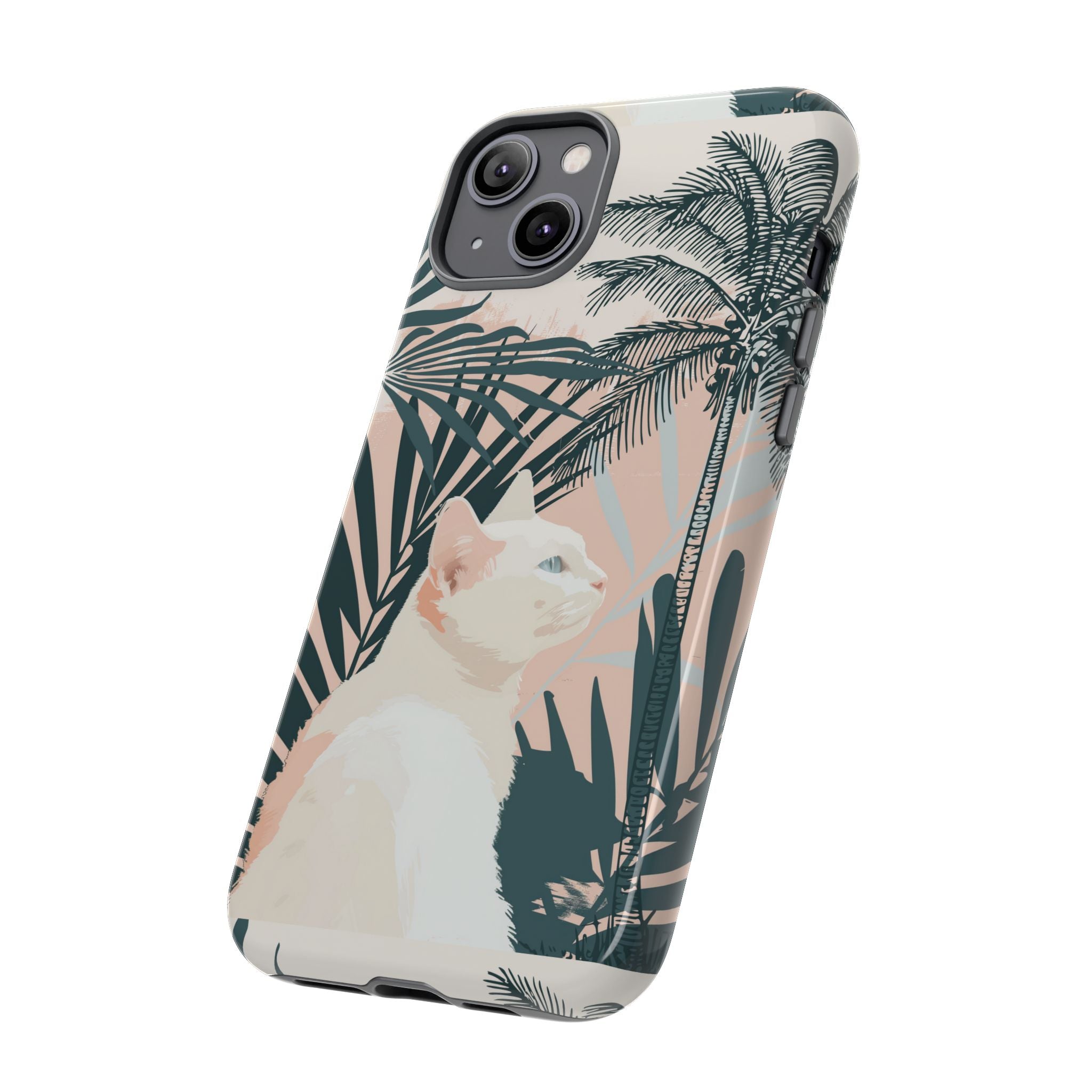 Tropical Cat Phone Case with Lush Palm Motifs and Soft Pastels