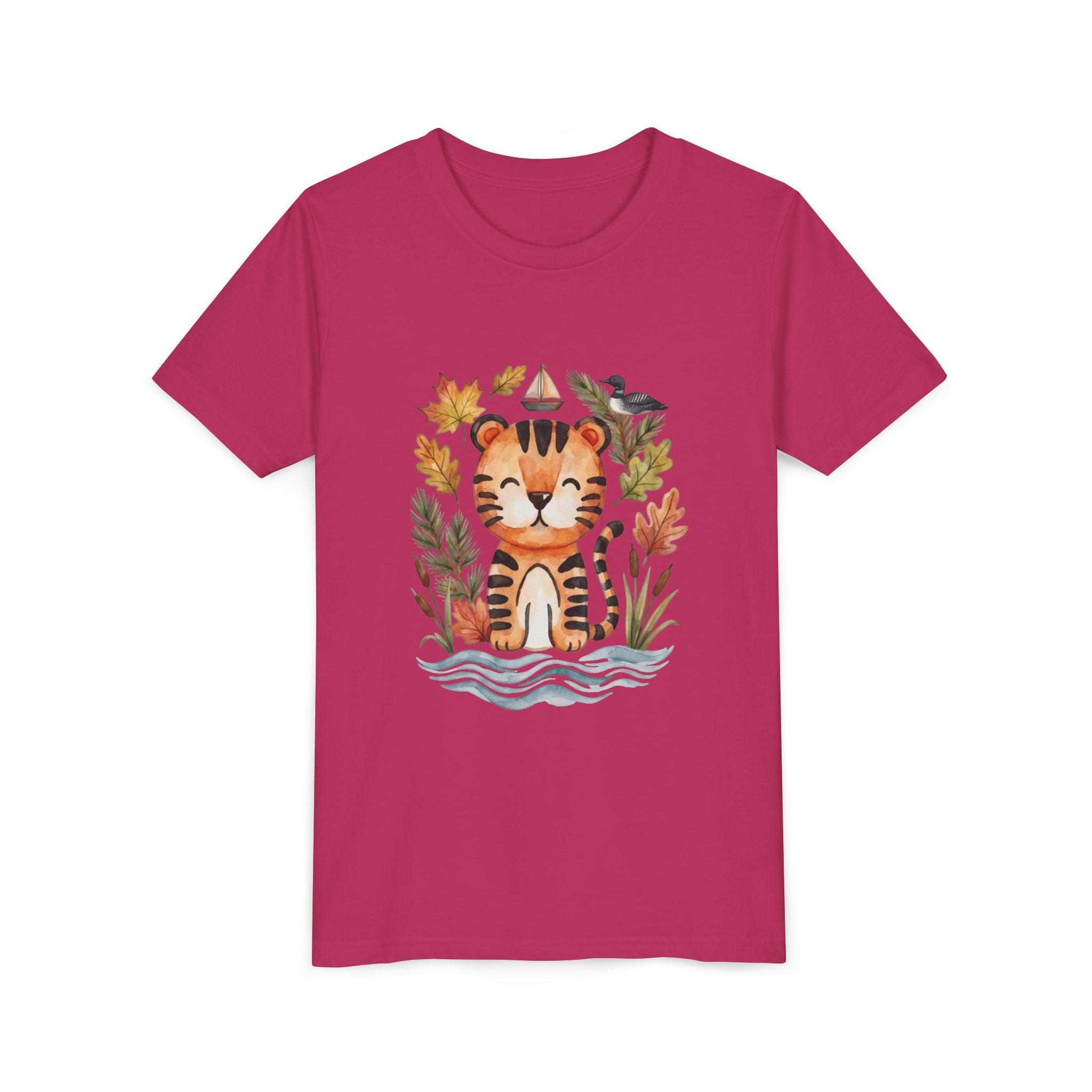Kids Tiger Lake Ontario Tee — Watercolor Autumn Sailboat & Leaves Youth Short Sleeve Tee