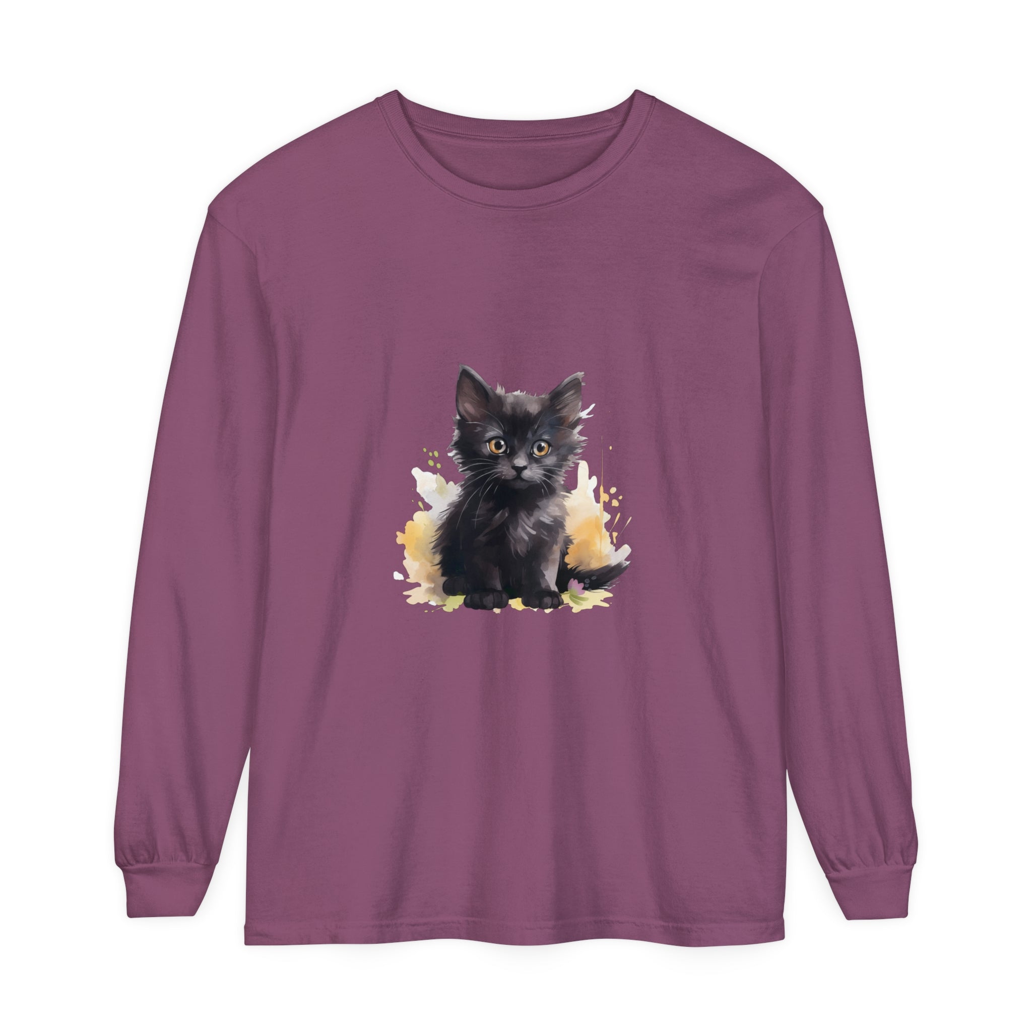 Black Kitten Watercolor Splash T-Shirt featuring a cute kitten design and vibrant watercolor splashes