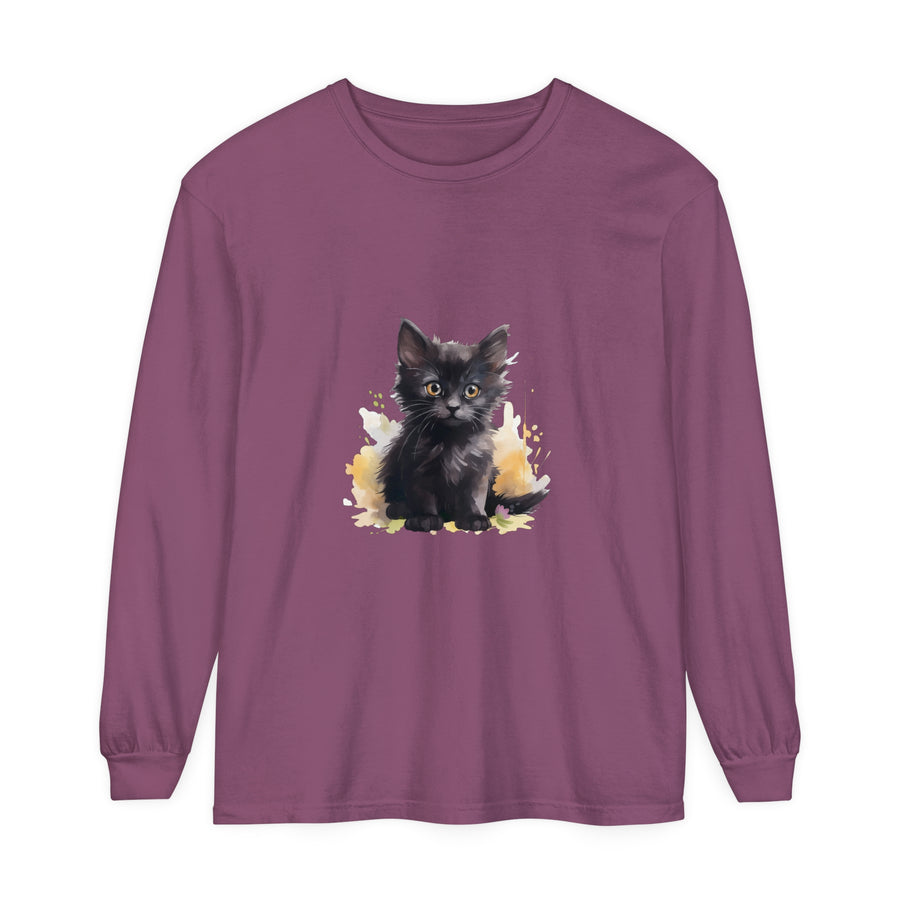 Black Kitten Watercolor Splash T-Shirt featuring a cute kitten design and vibrant watercolor splashes