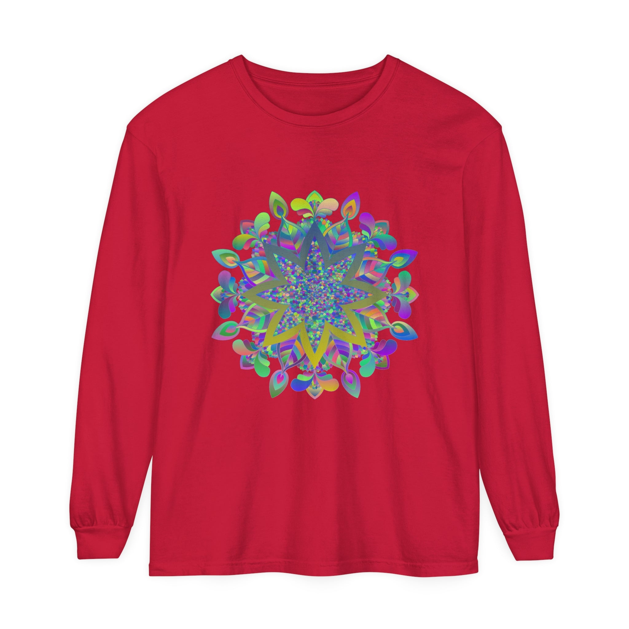 Vibrant and intricate mandala design on a unisex long sleeve t-shirt