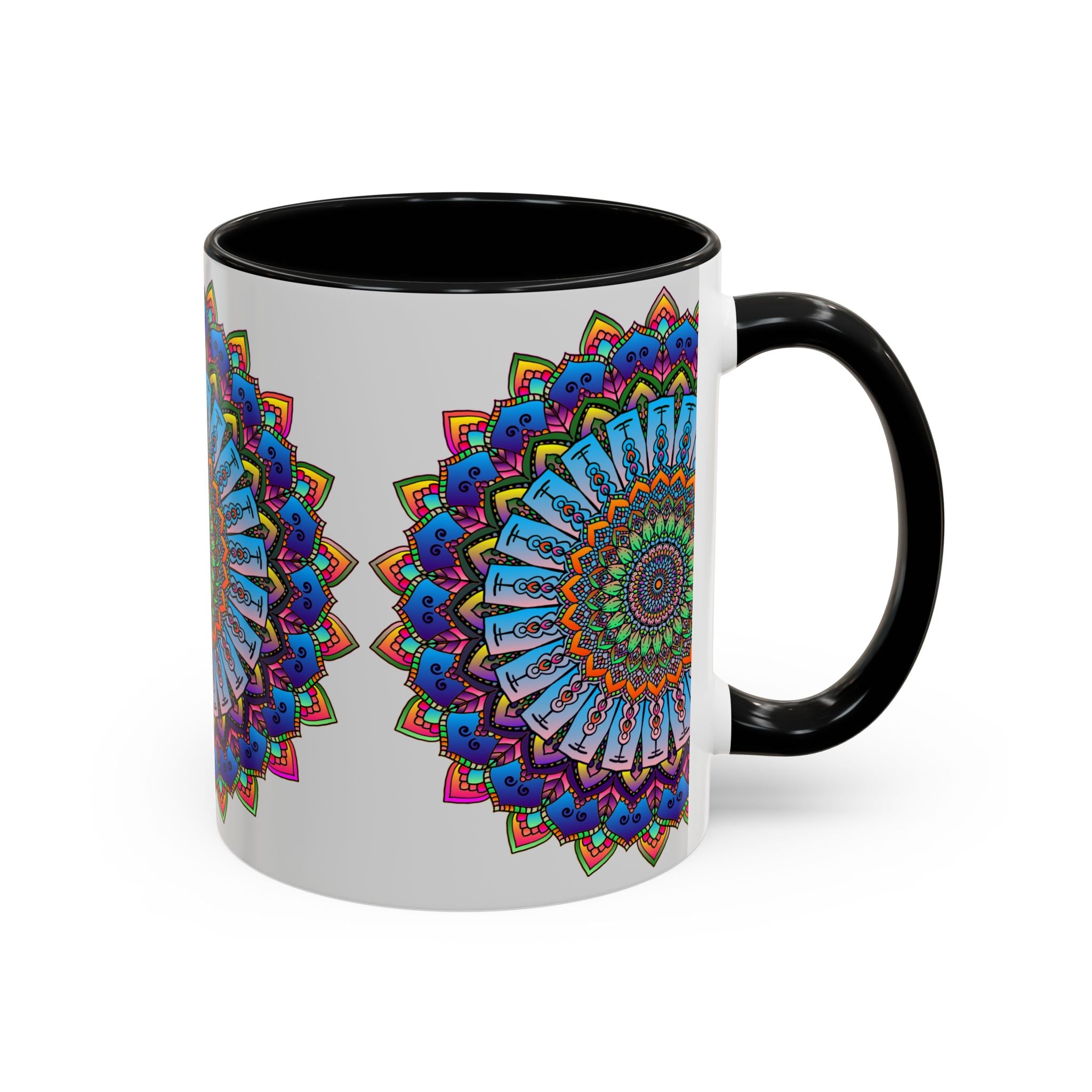 Grey ceramic mug adorned with a stunning and colorful mandala art