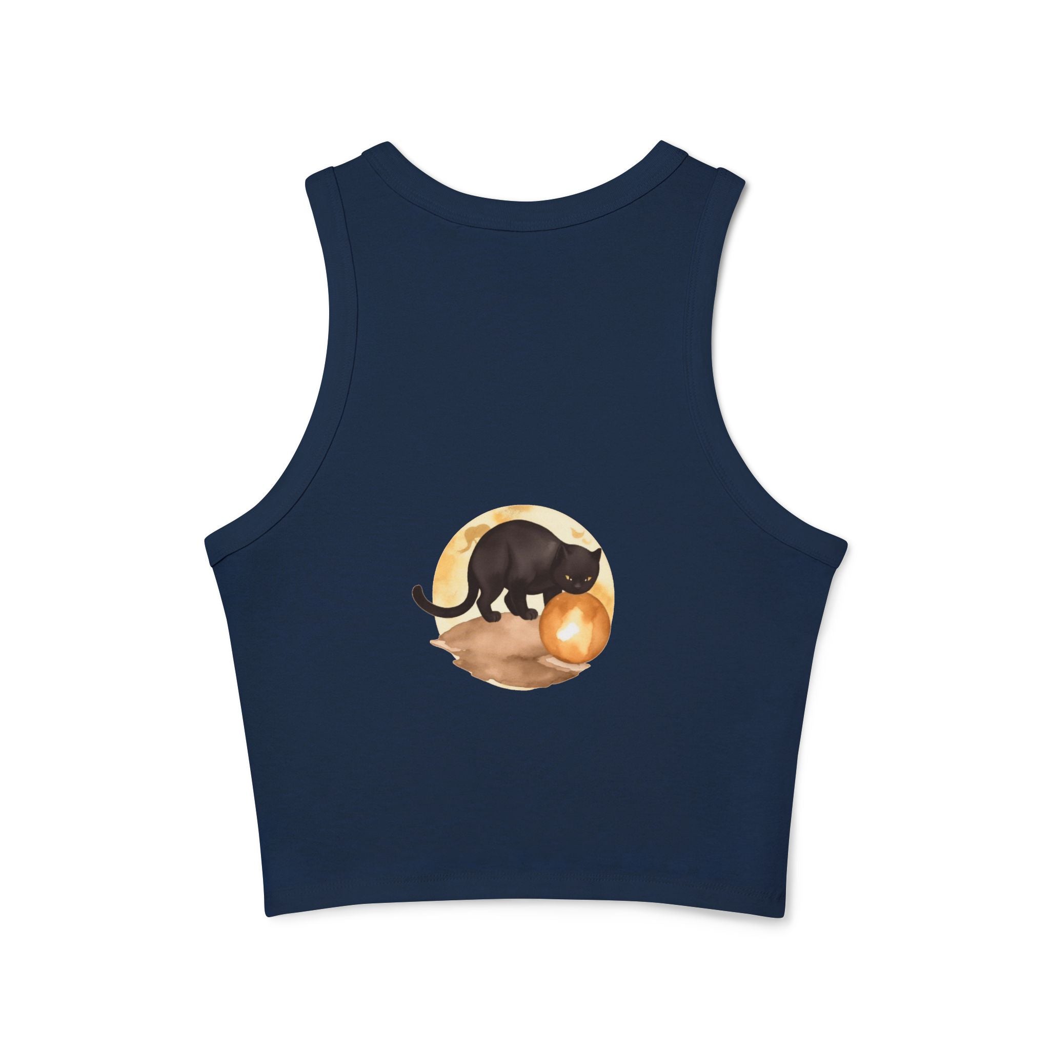 Back view of Black Cat Moon Racerback Tank Top with a stylish and unique graphic