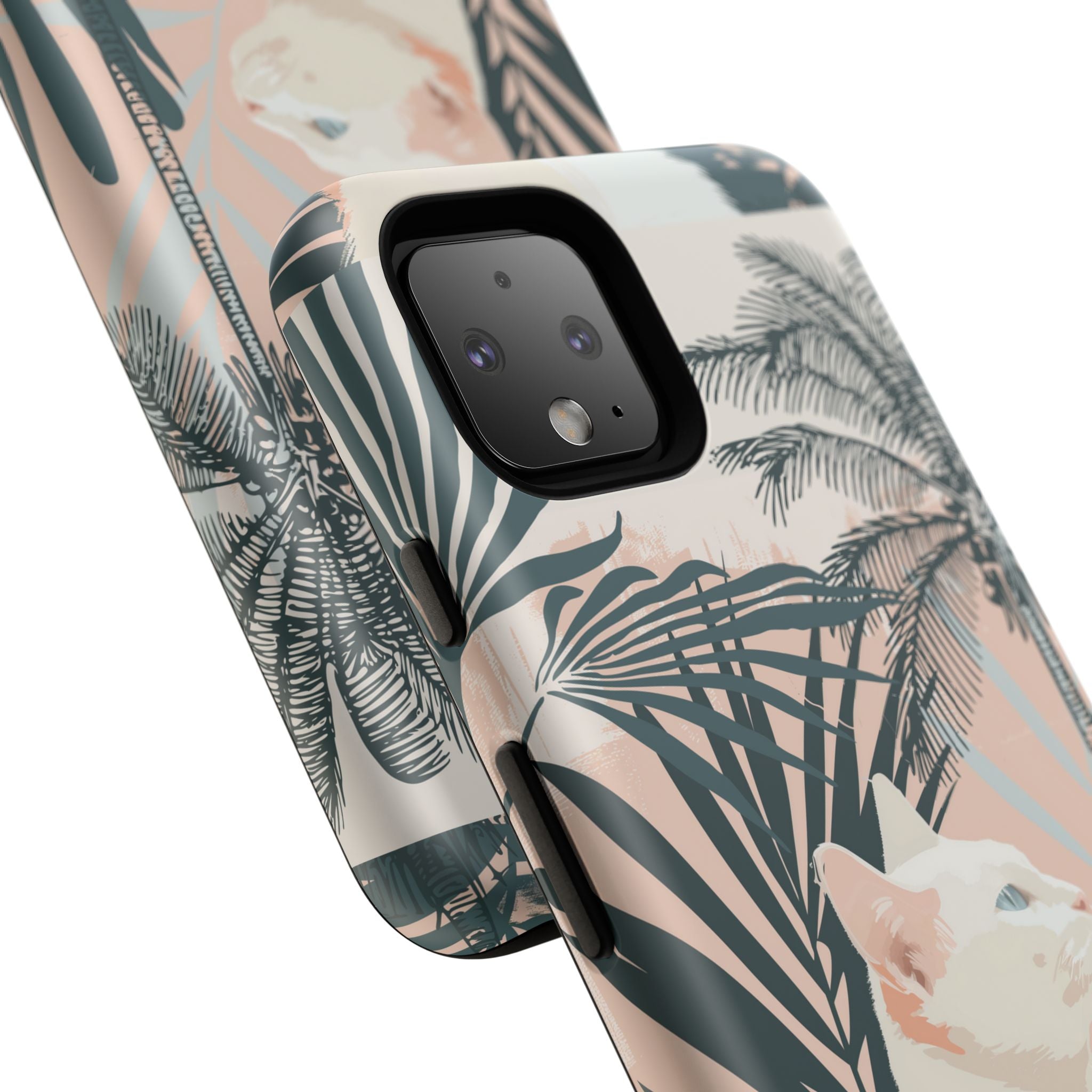 Tropical Cat Phone Case with Lush Palm Motifs and Soft Pastels