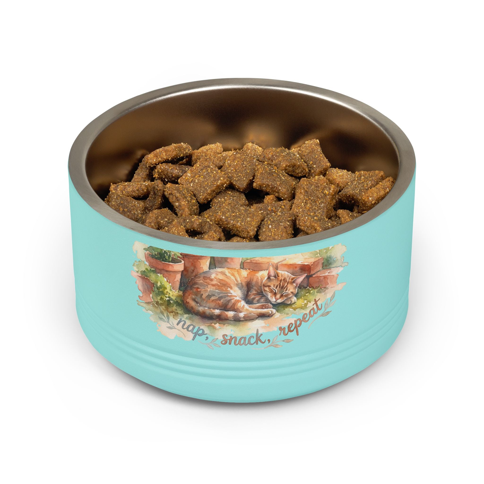 18oz Ceramic Pet Bowl — Watercolor Ginger Cat "Nap. Snack. Repeat."