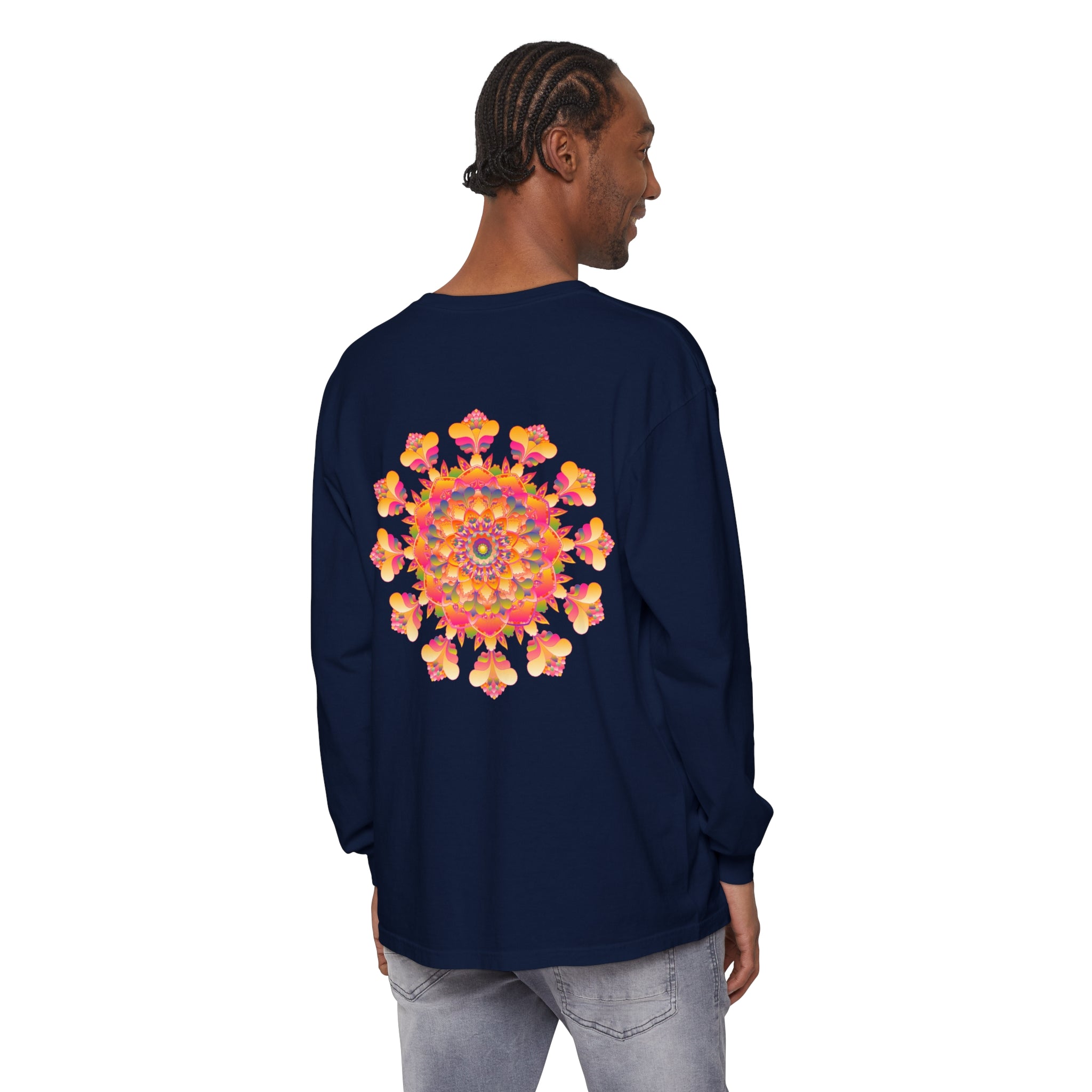 Unisex long sleeve t-shirt with intricate mandala pattern in vibrant hues