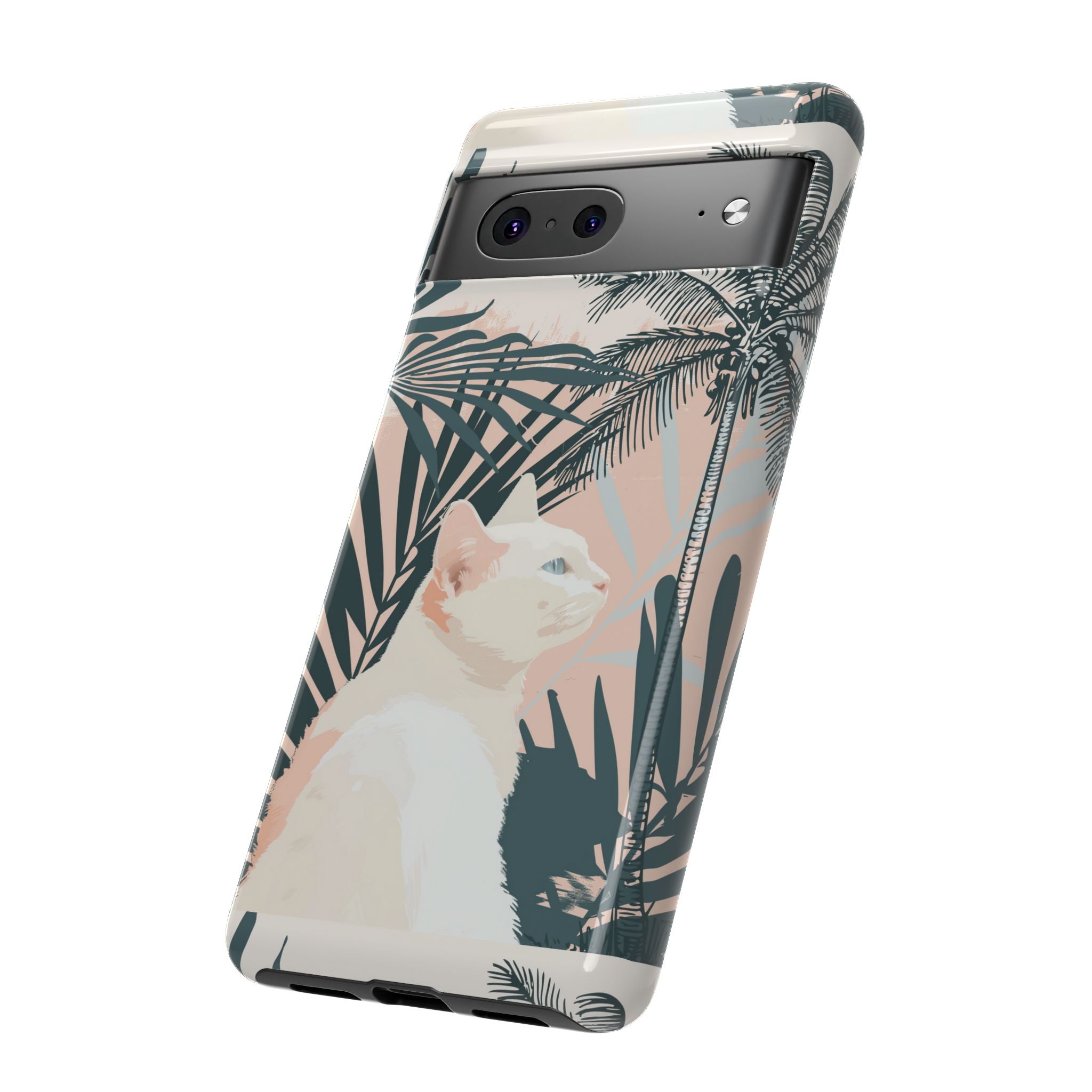 Tropical Cat Phone Case with Lush Palm Motifs and Soft Pastels