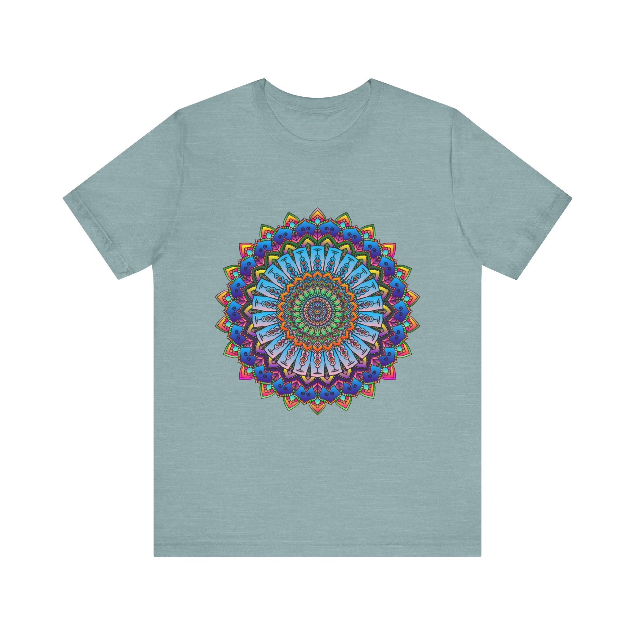 Vibrant Mandala Tee showcasing a colorful and intricate design with various patterns and shades, perfect for adding a pop of creativity to your wardrobe
