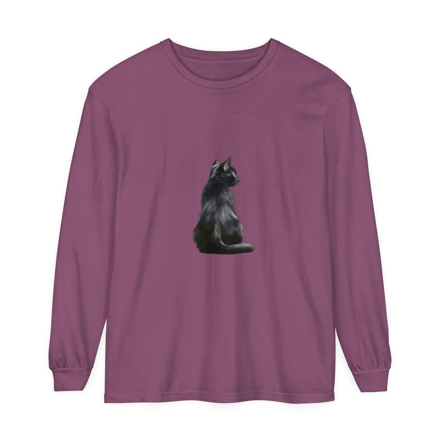 A stylish black long sleeve t-shirt featuring a mysterious black cat design