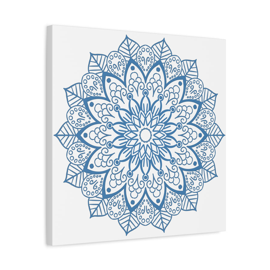 Handmade Mandala Art featuring a Steel Blue design on a Matte Canvas, Stretched and 125 inches thick, perfect for adding a touch of elegance to any wall space