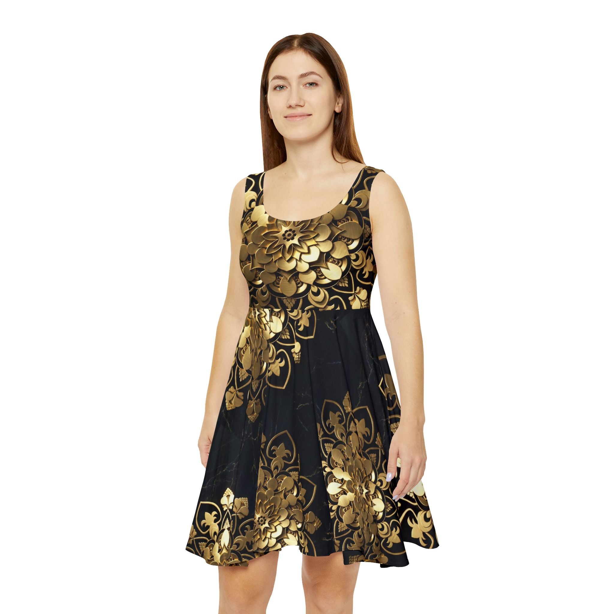 Gold Floral Skater Dress - Black & Metallic Mandala Print, Elegant Party Dress