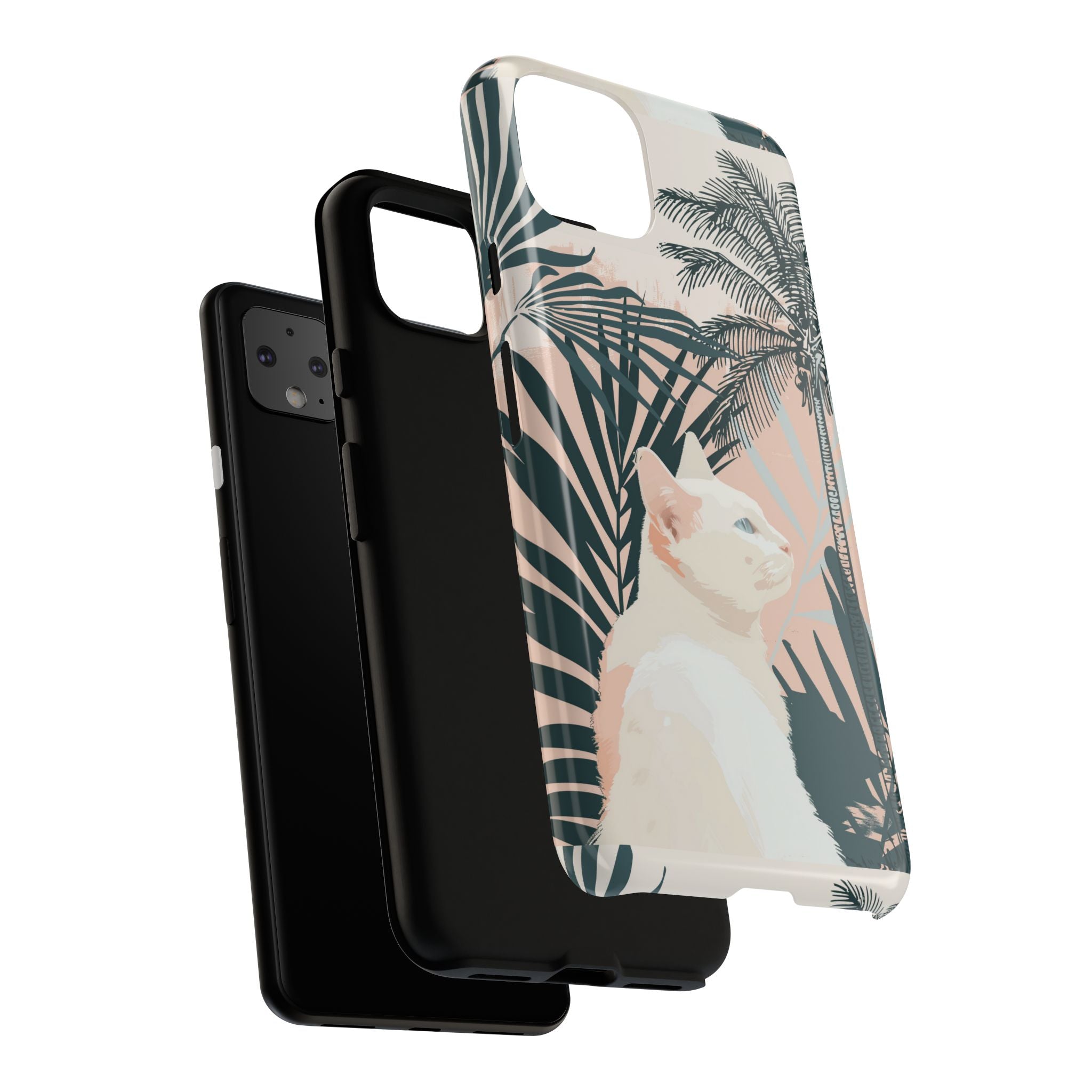 Tropical Cat Phone Case with Lush Palm Motifs and Soft Pastels