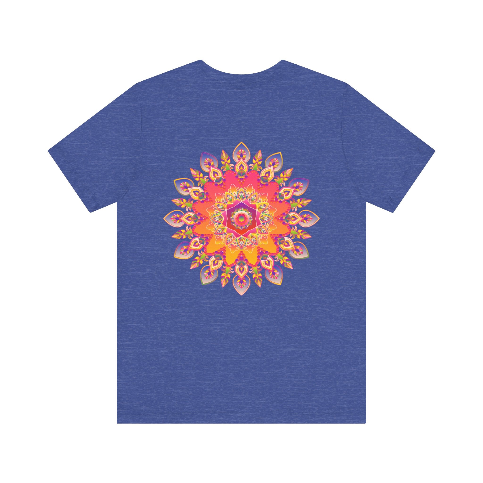 A vibrant and colorful mandala tee featuring spiritual symbols for peace and harmony
