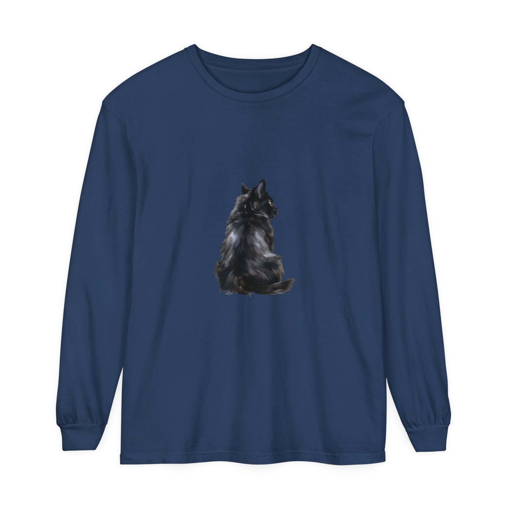 A close-up image of a black cat mystique long sleeve t-shirt with a stylish and intricate design, perfect for casual wear