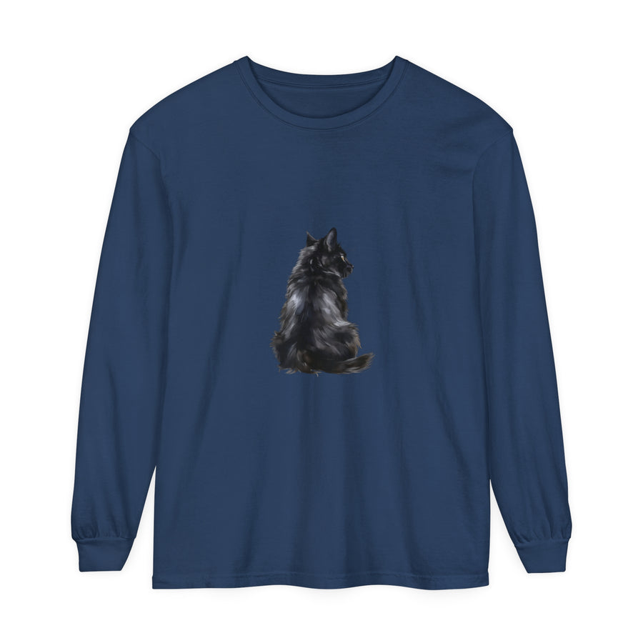 A close-up image of a black cat mystique long sleeve t-shirt with a stylish and intricate design, perfect for casual wear