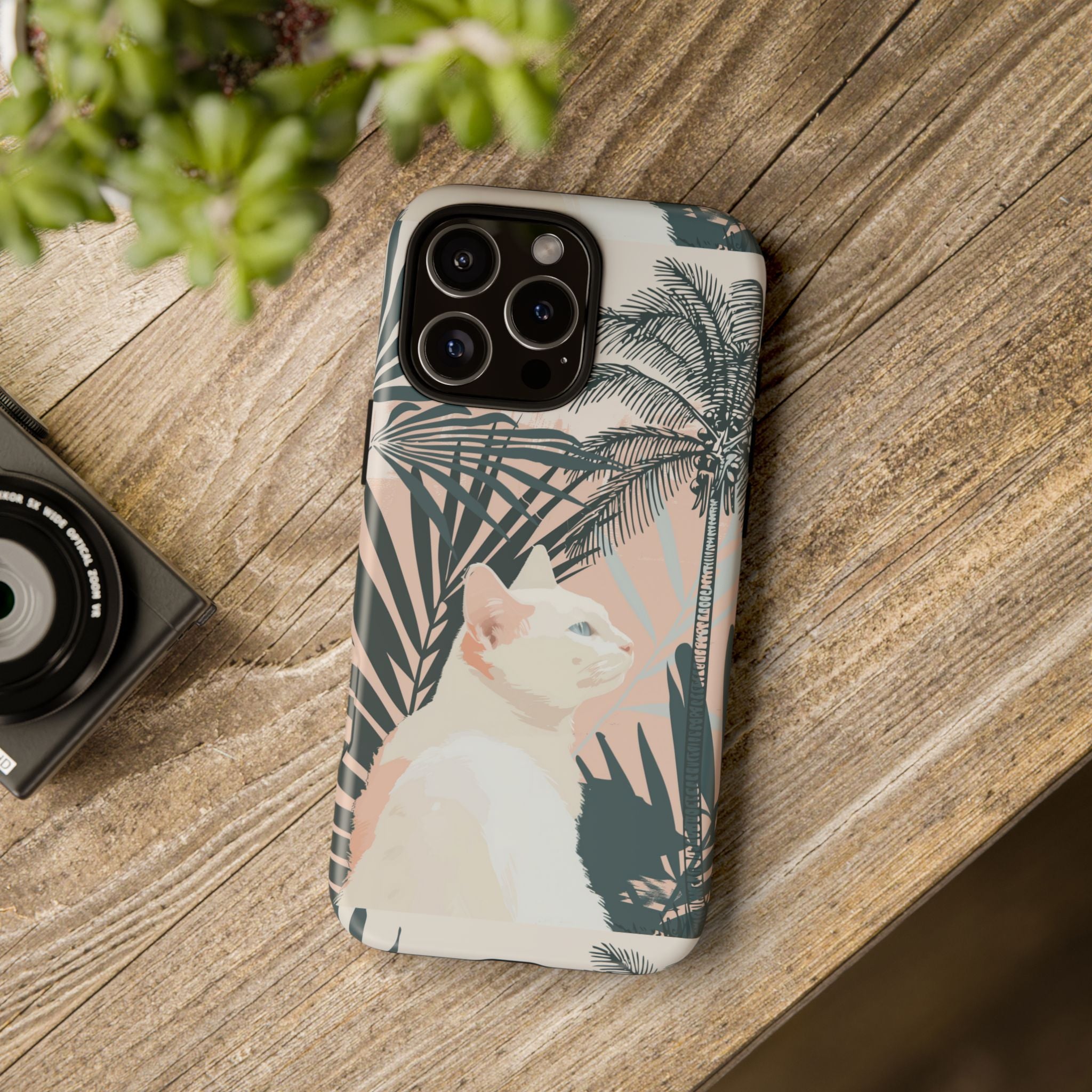 Tropical Cat Phone Case with Lush Palm Motifs and Soft Pastels