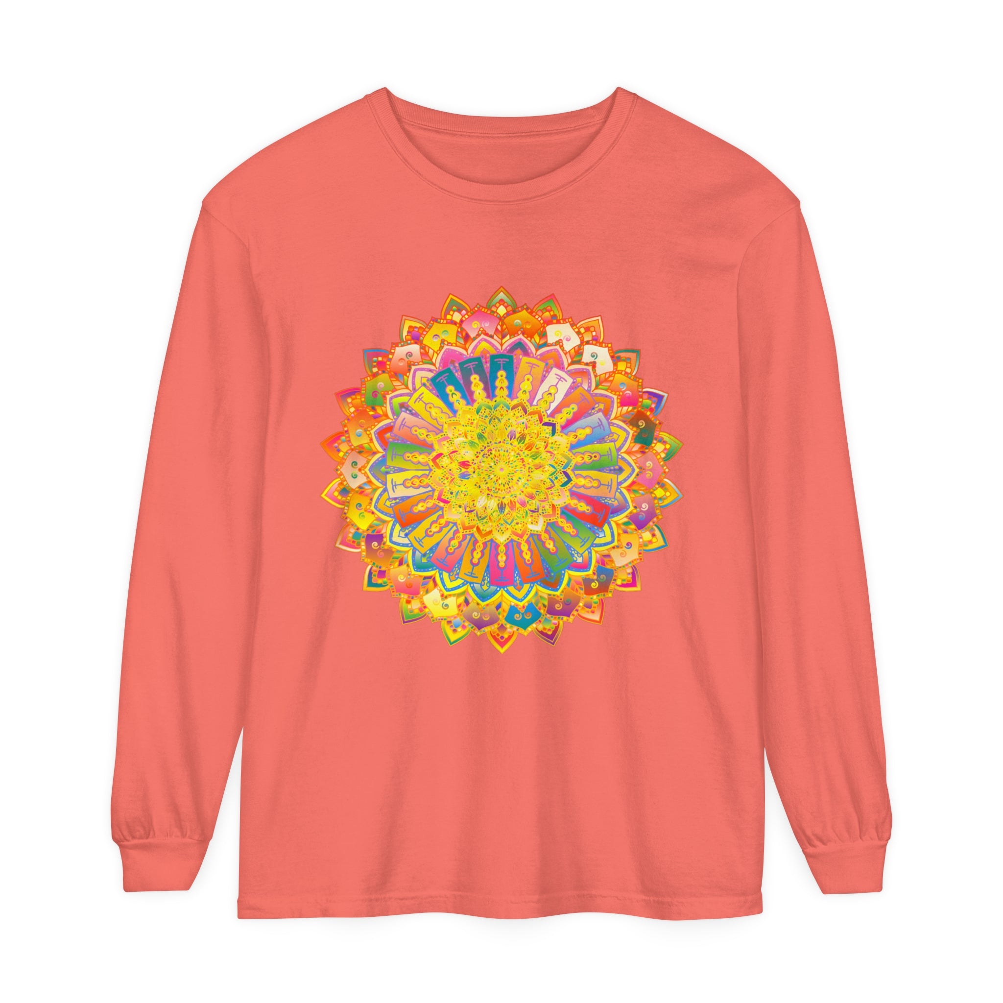 Intricate mandala design featuring intricate patterns on a unisex long sleeve t-shirt
