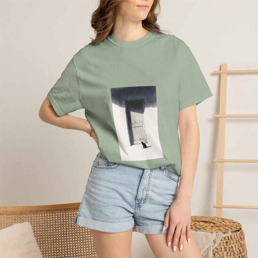 T-Shirt — Minimal Art Cat at Door Graphic Tee