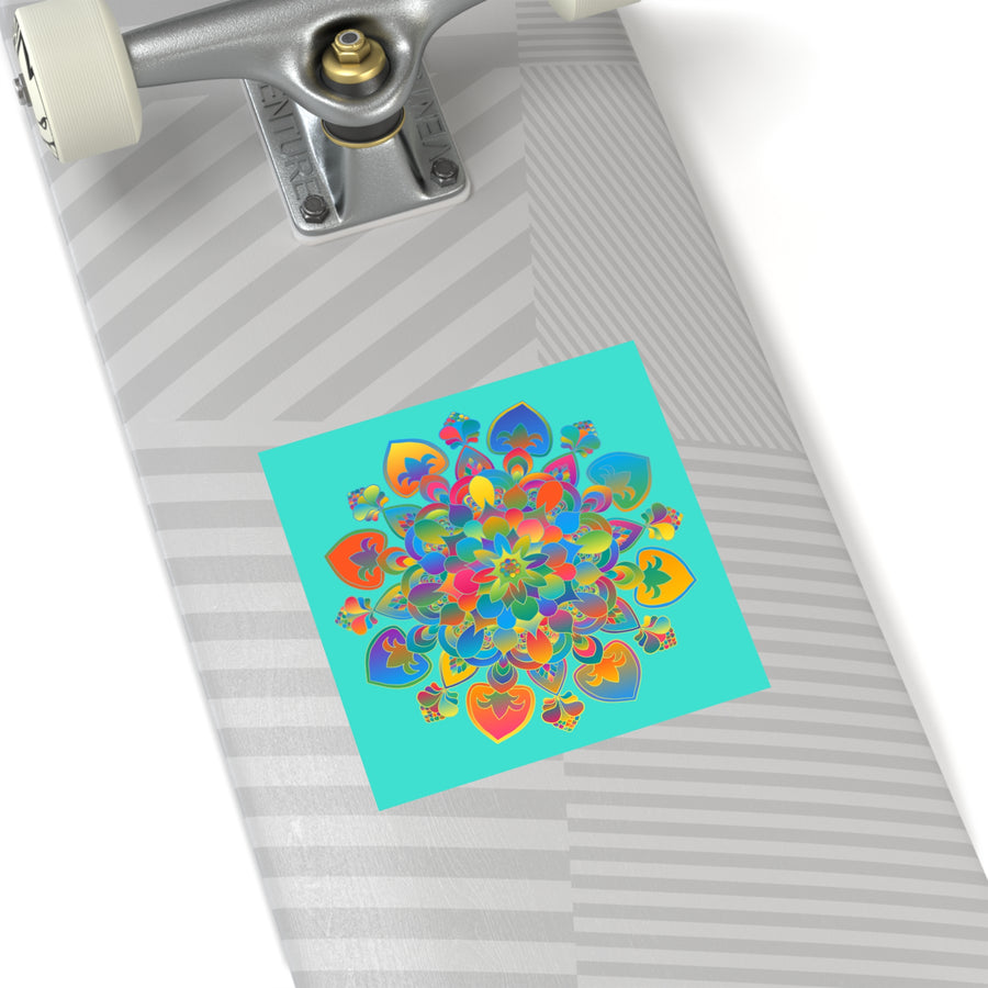 Hand-Drawn Mandala Laminate Stickers – Gold, Red, and Green on Turquoise