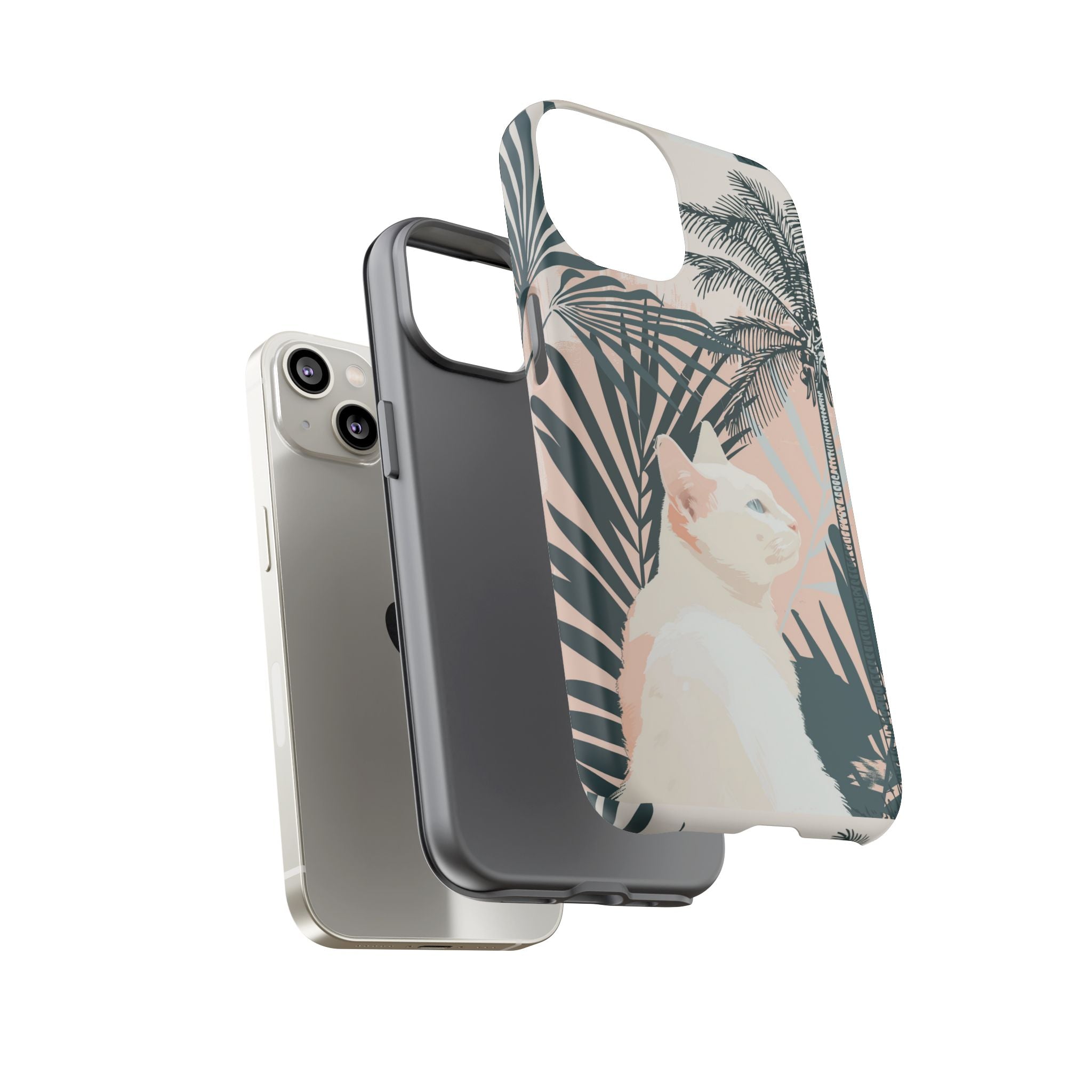 Tropical Cat Phone Case with Lush Palm Motifs and Soft Pastels