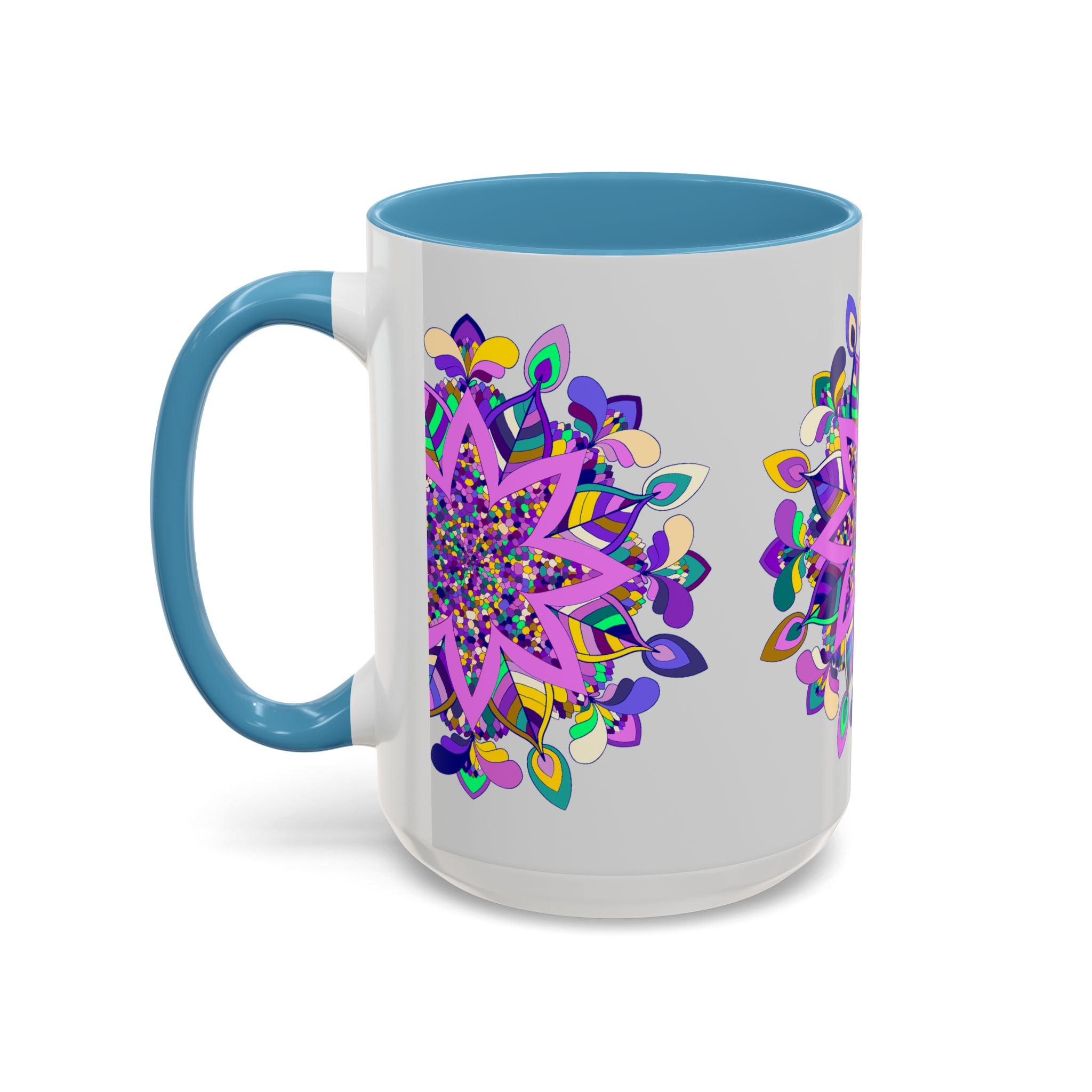 Close-up view of artistic mandala mug, perfect for enjoying a relaxing cup of tea or coffee