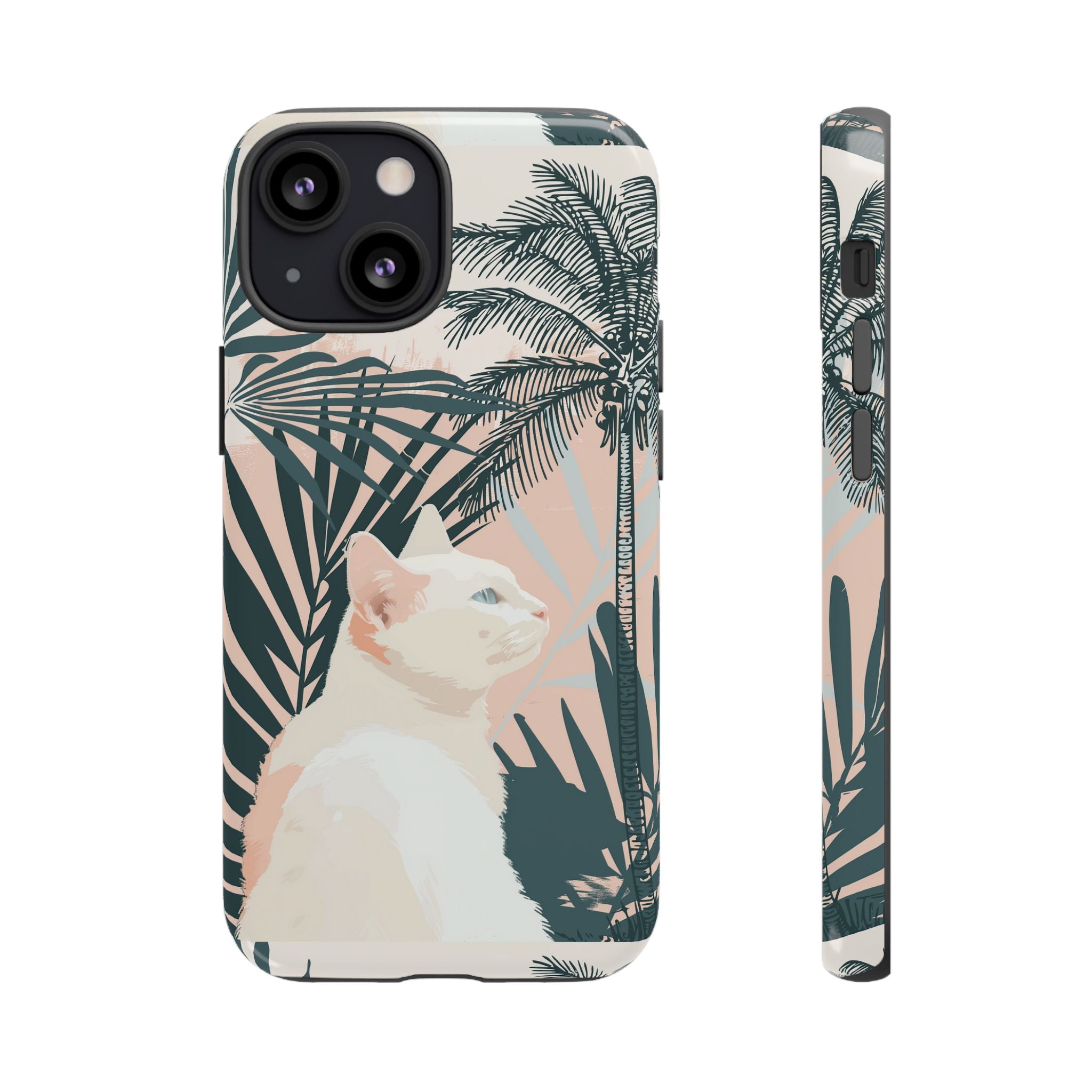 Tropical Cat Phone Case with Lush Palm Motifs and Soft Pastels