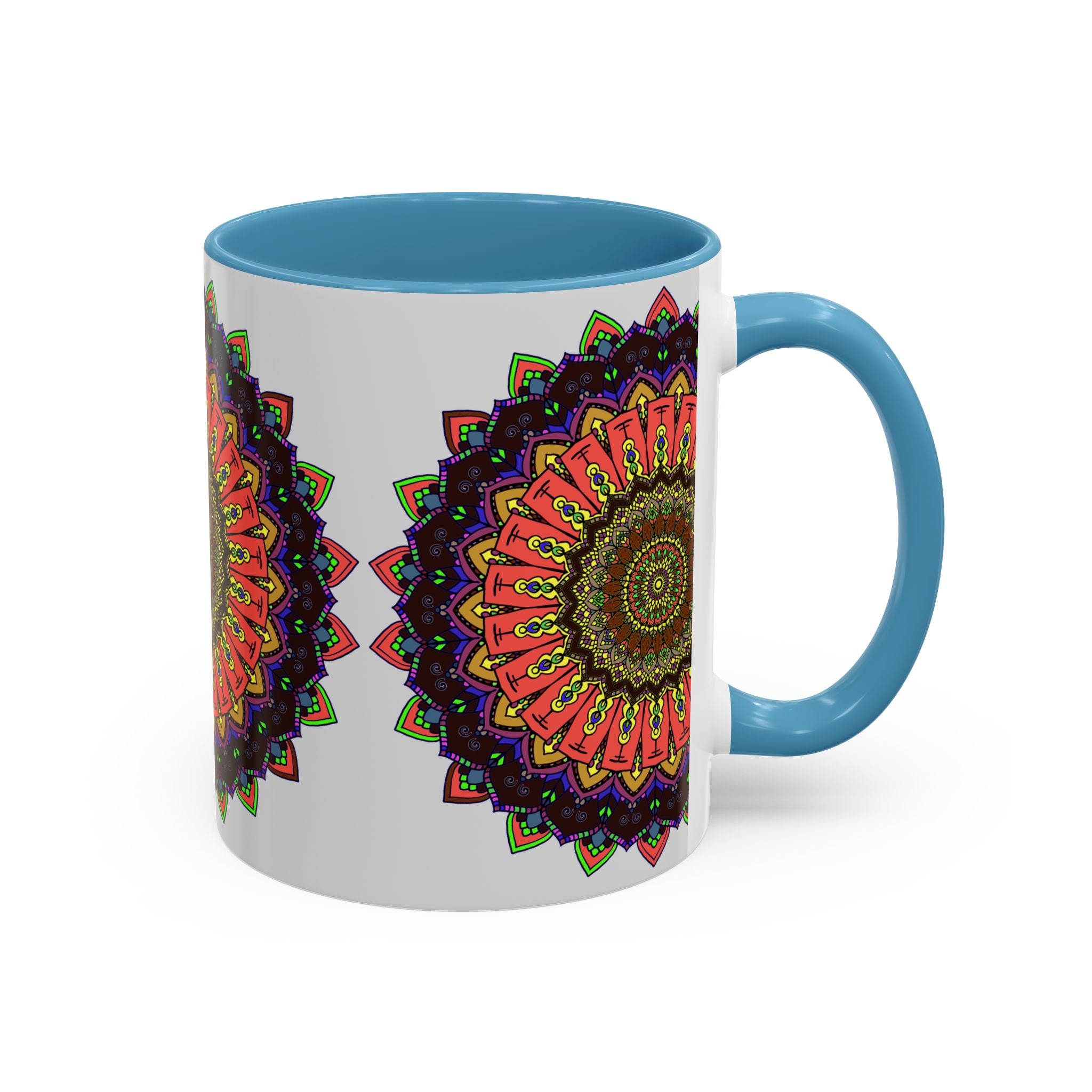 Unique and stylish coffee mug featuring a colorful and spiritual mandala