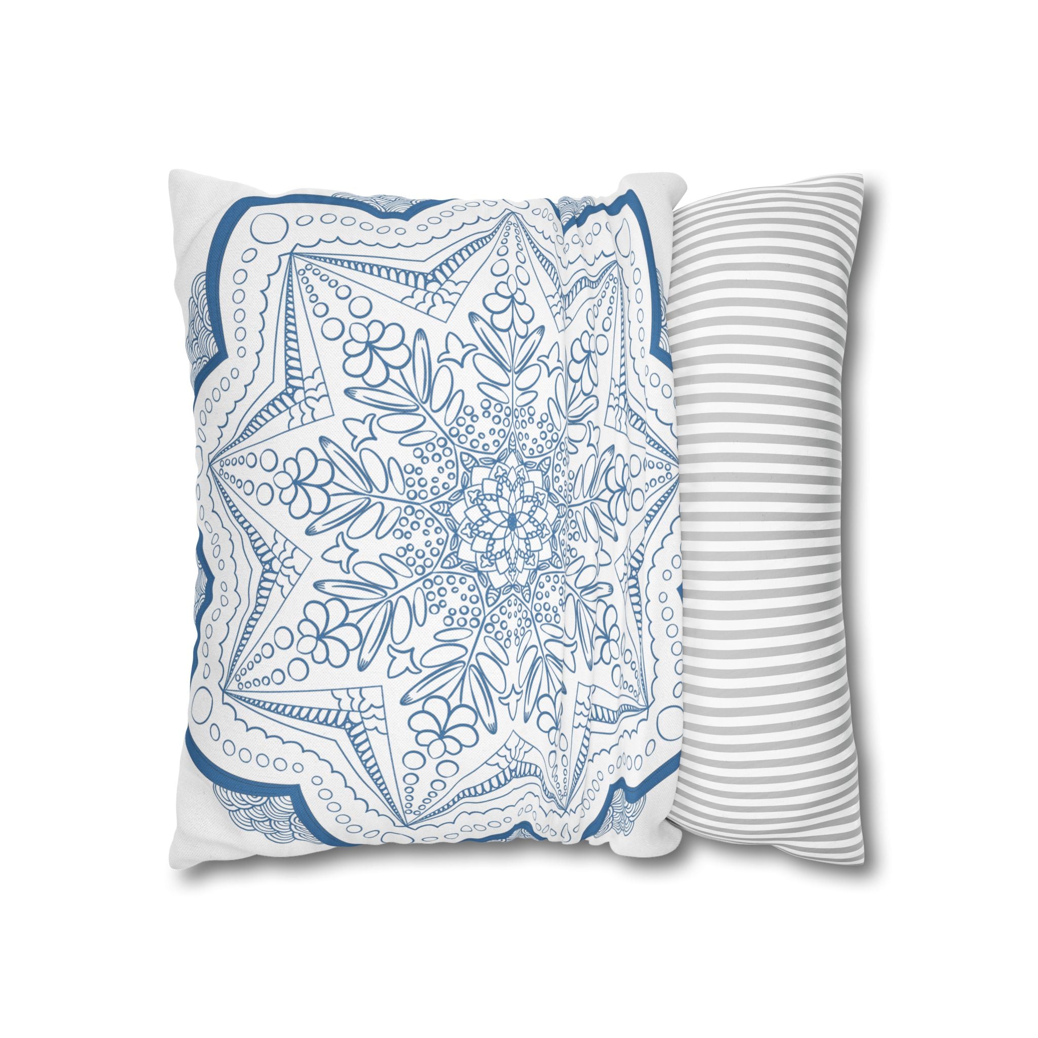 Beautiful white pillowcase adorned with an original steel blue mandala design