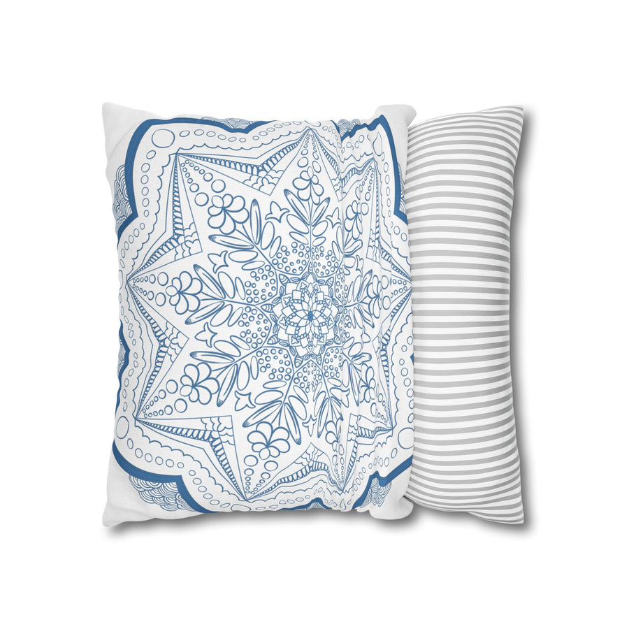 Beautiful white pillowcase adorned with an original steel blue mandala design