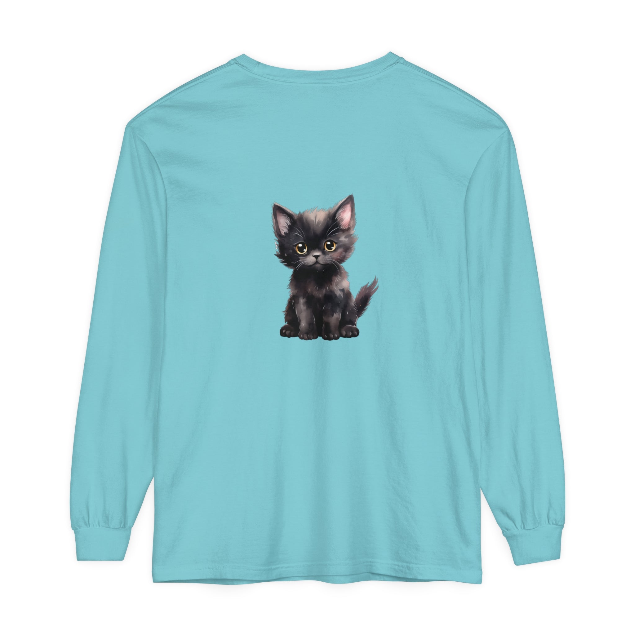 Graphic of a charming black kitten with stunning yellow eyes on sleeve shirt