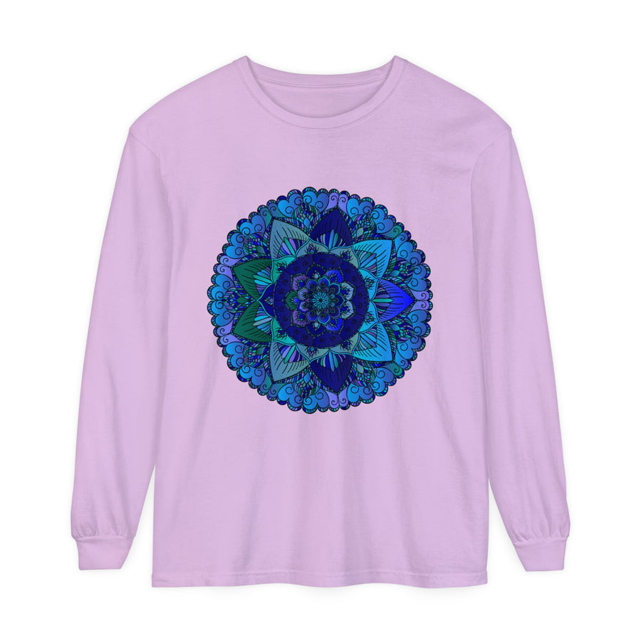 Dark blue and green mandala long sleeve t-shirt with intricate design