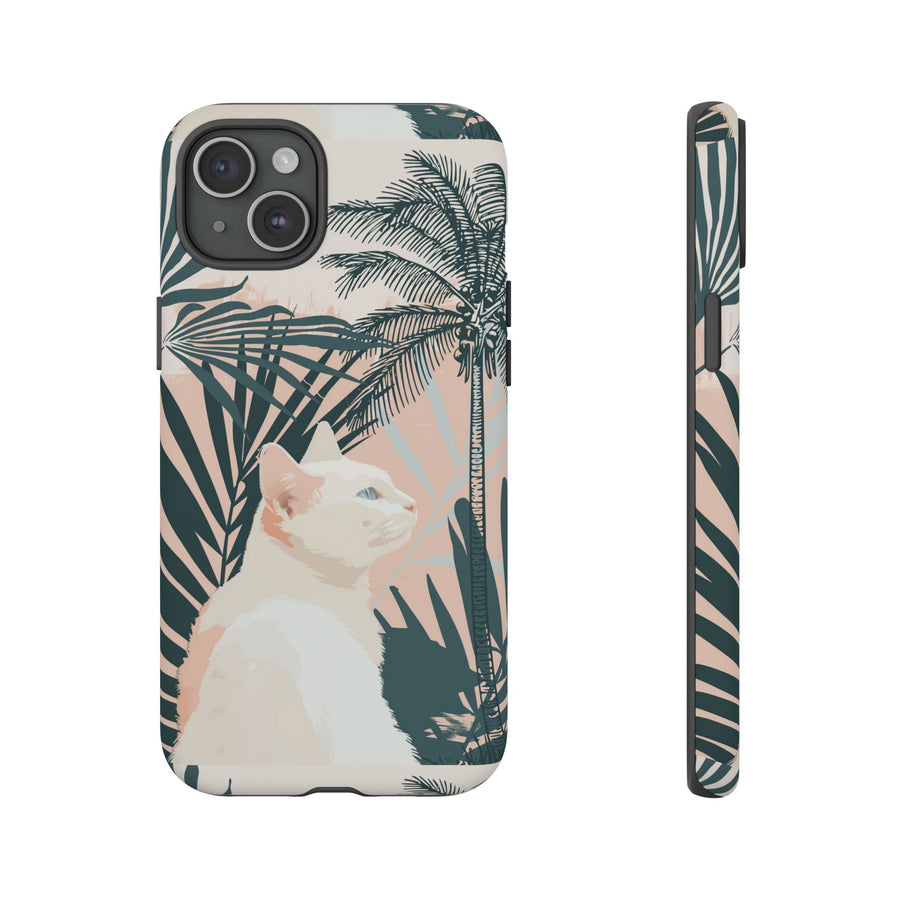 Tropical Cat Phone Case with Lush Palm Motifs and Soft Pastels