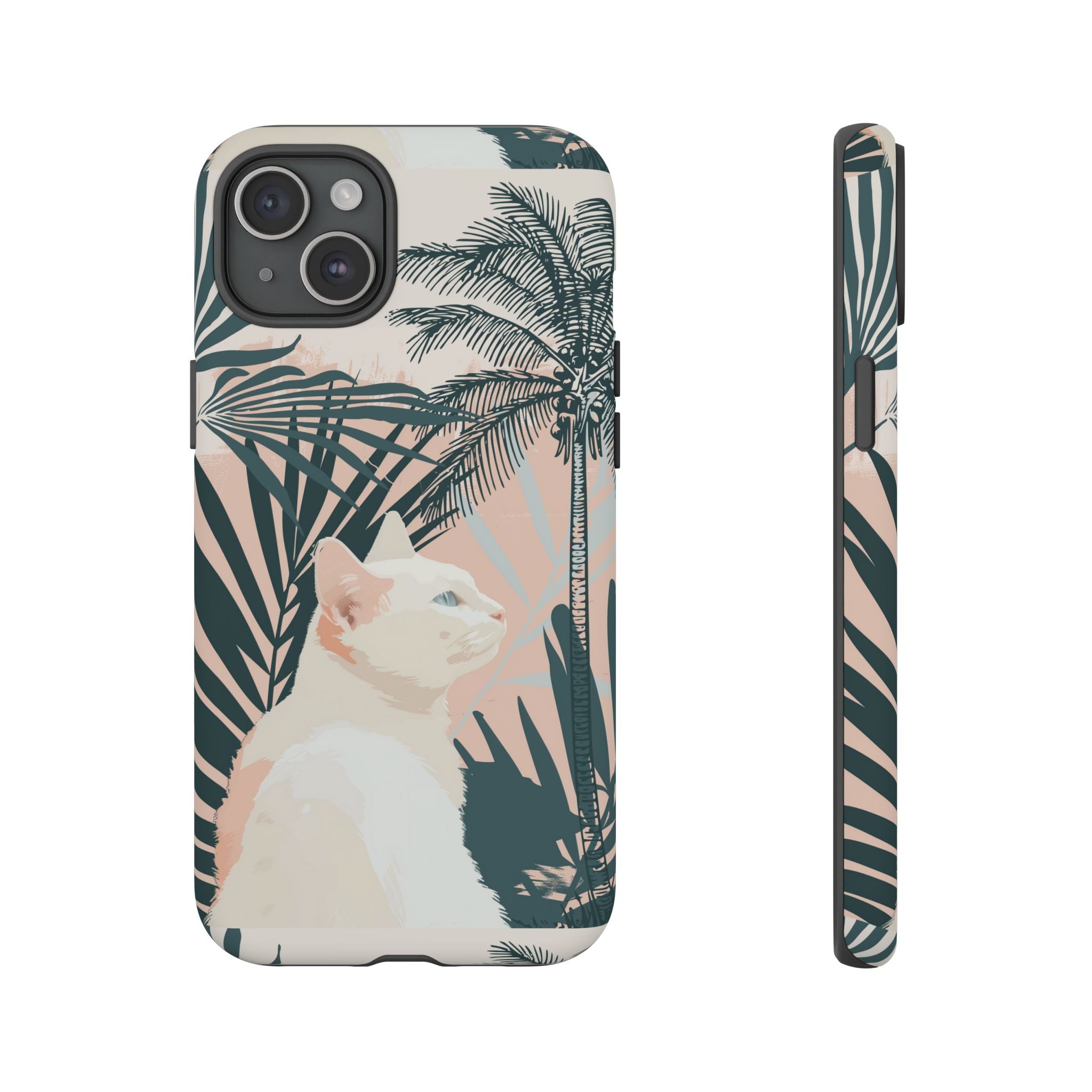 Tropical Cat Phone Case with Lush Palm Motifs and Soft Pastels