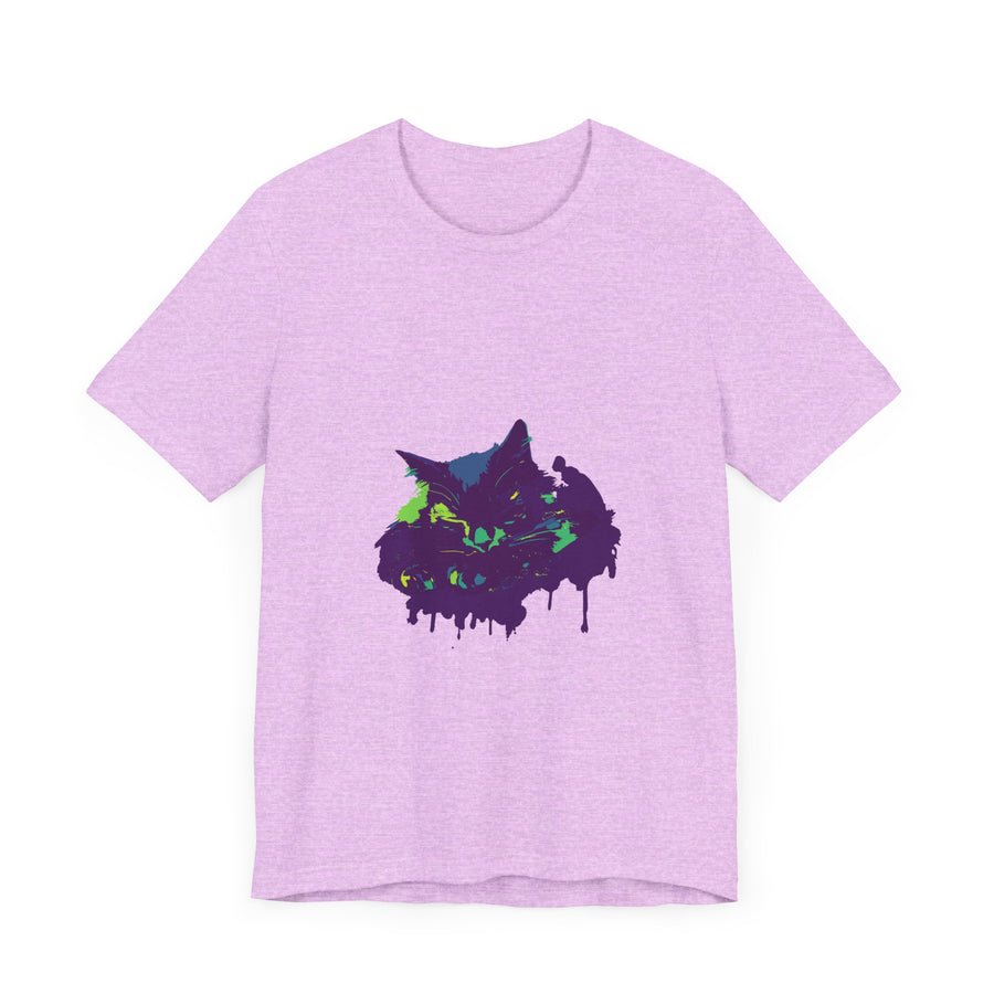 A close-up image of a Black Cat Mystery t-shirt with colorful paint splatter design