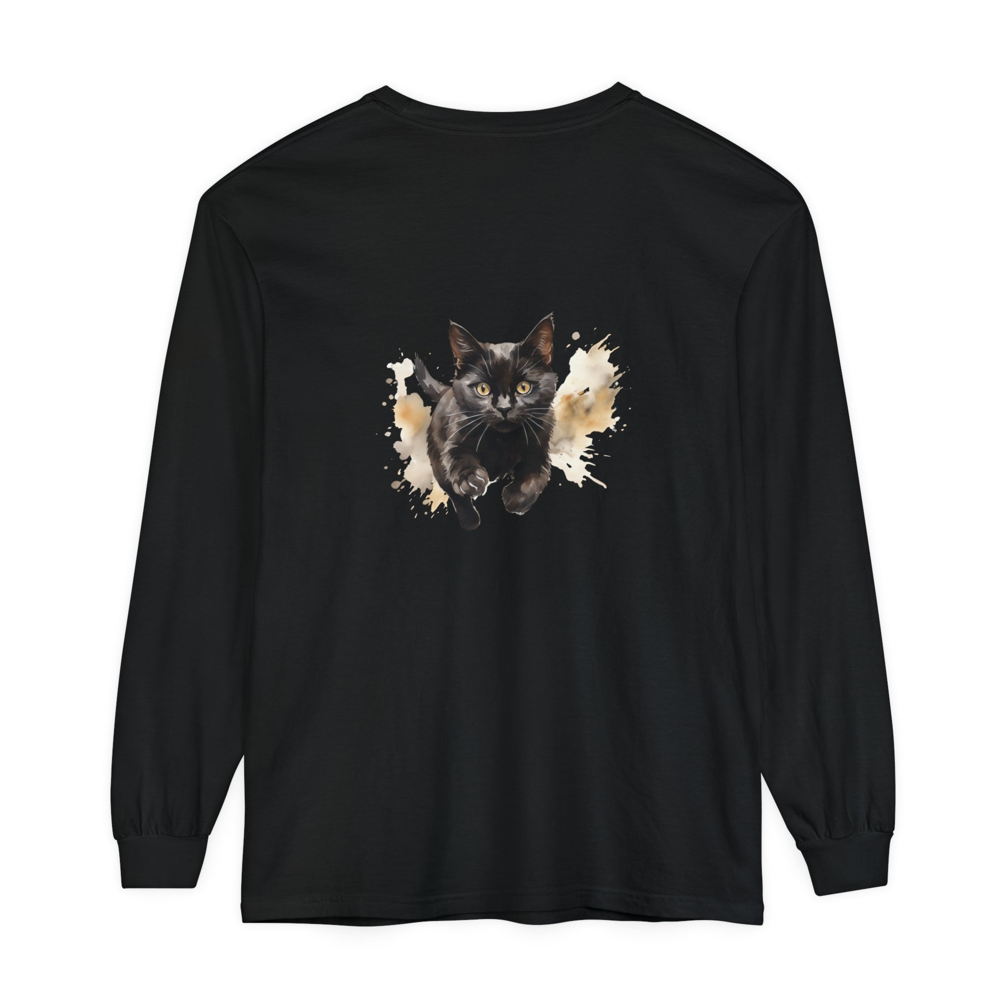 Black Cat Watercolor Sprint Unisex T-Shirt featuring a stunning watercolor design of a black cat sprinting across the shirt, perfect for cat lovers and art enthusiasts alike