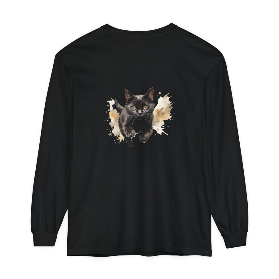 Black Cat Watercolor Sprint Unisex T-Shirt featuring a stunning watercolor design of a black cat sprinting across the shirt, perfect for cat lovers and art enthusiasts alike