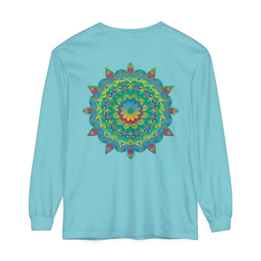 Colorful and intricate psychedelic mandala design on a long sleeve t-shirt