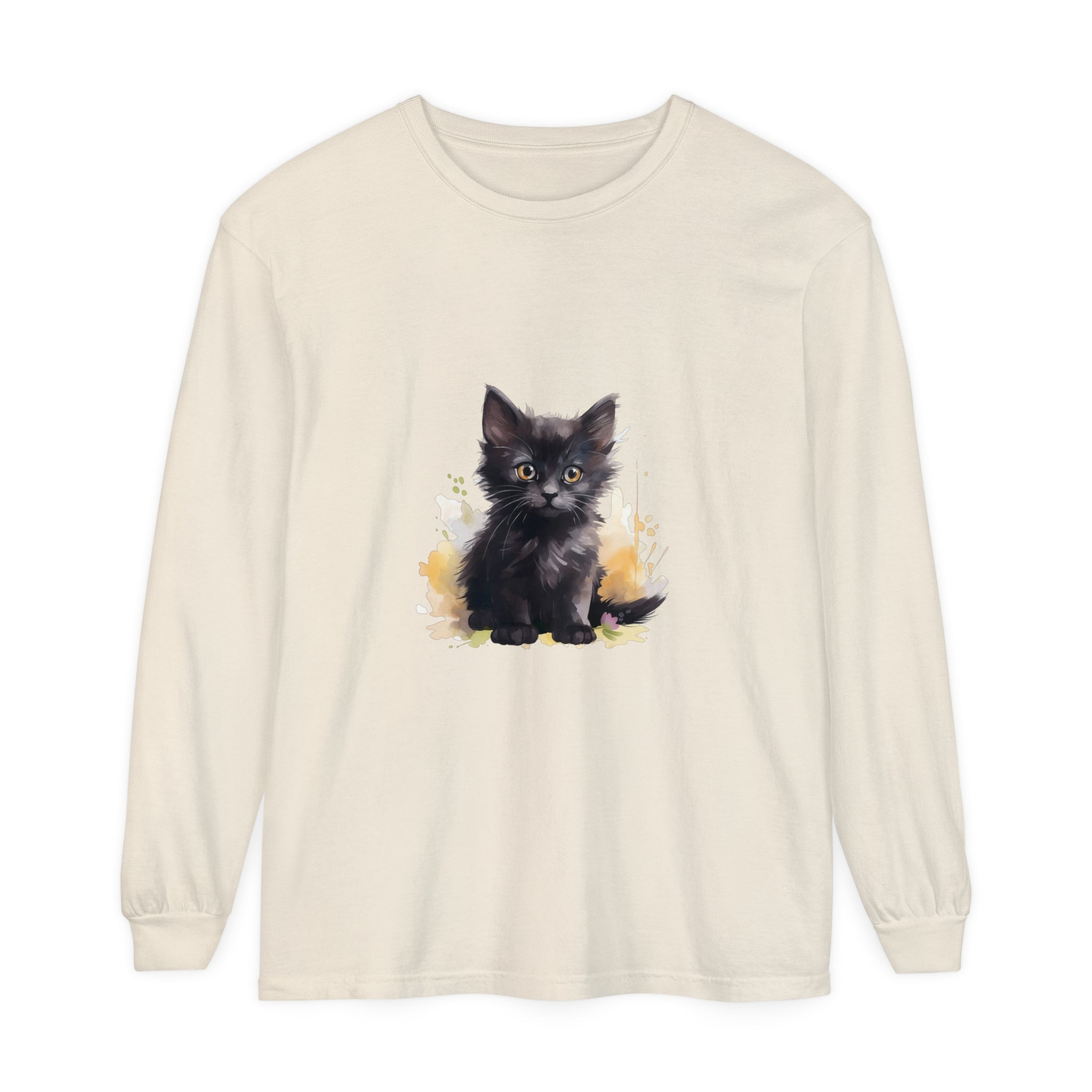 A close-up image of a black kitten watercolor splash t-shirt with vibrant colors and a playful design, perfect for cat lovers and fashion enthusiasts
