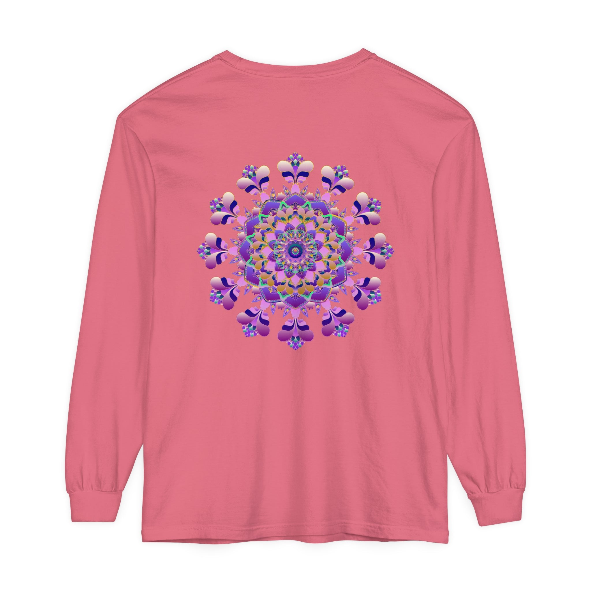 A detailed illustration of a unisex long sleeve t-shirt featuring an intricate mandala design