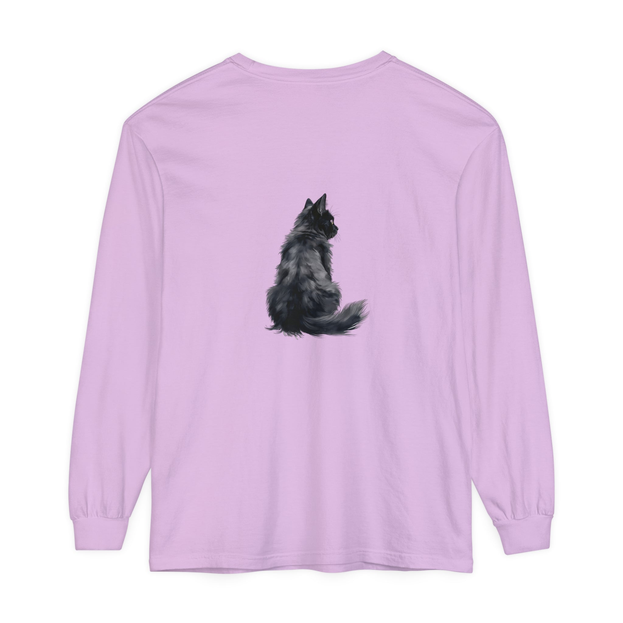 A unisex long sleeve t-shirt featuring a black cat silhouette design
