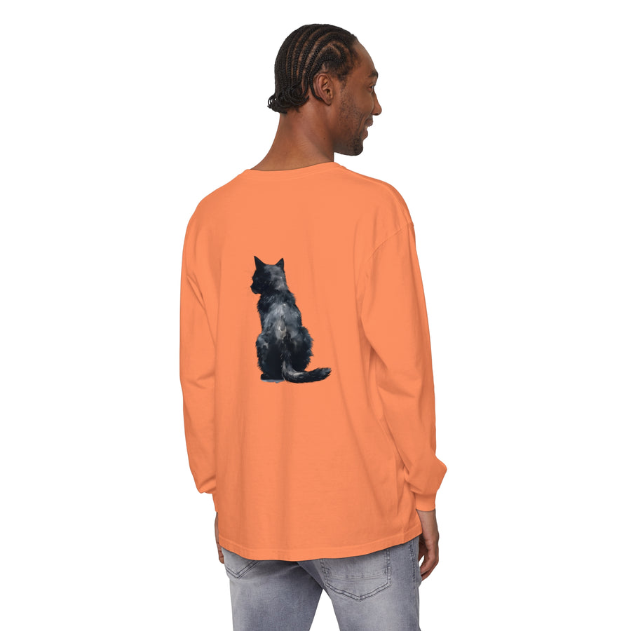 Black cat watercolor long sleeve t-shirt with vibrant and detailed feline design