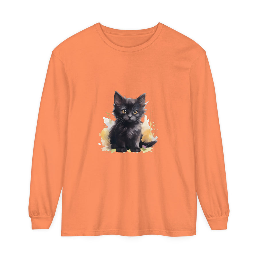 A close-up image of a black kitten watercolor splash t-shirt with vibrant colors and a playful design, perfect for cat lovers and animal enthusiasts