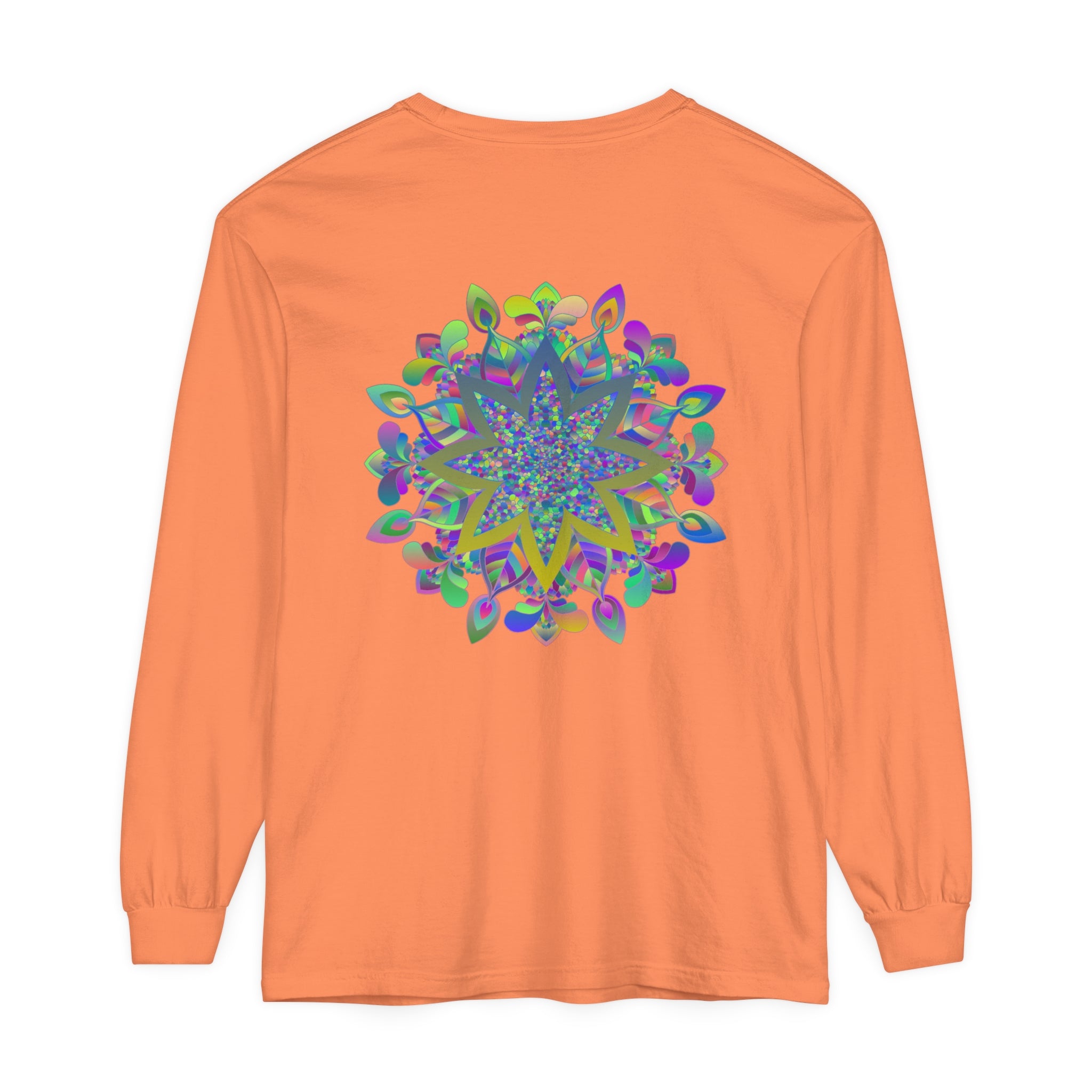 Vibrant, multicolored mandala design on unisex long sleeve t-shirt